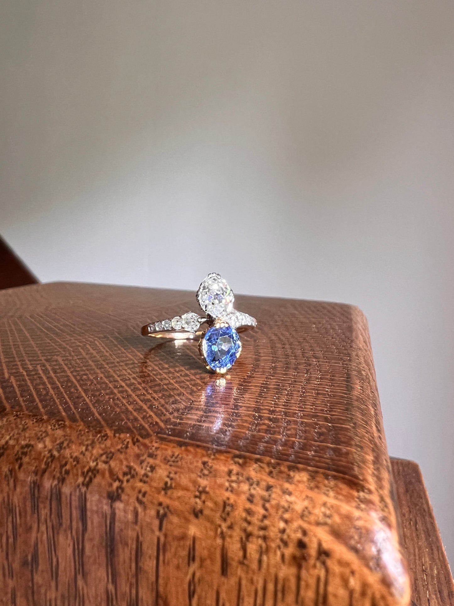 Antique No Heat PEAR Natural Ceylon SAPPHIRE Old Mine Cut DIAMOND Toi et Moi Ring 1 Carat Tdw French 18k Gold Platinum Ring