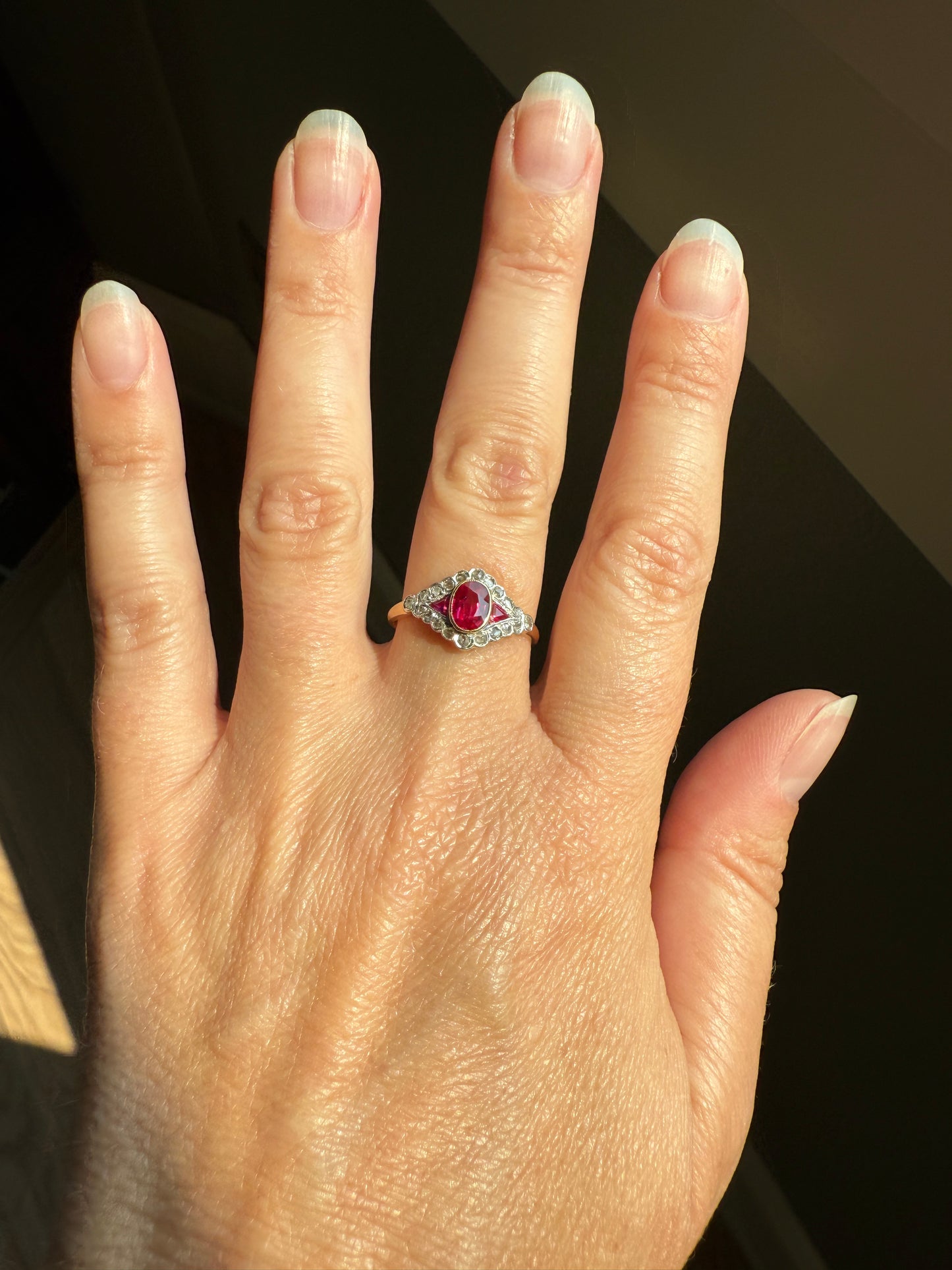 Antique Pink RUBY Rose Cut DIAMOND Garland Halo East West Ring French 18k Gold Stacker Belle Epoque Triangular Trillion