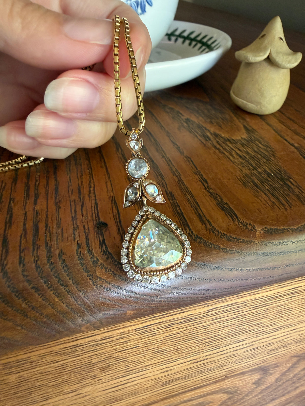 PEAR Triangular Antique XL Natural 3.5 Carats Old Dutch Rose Cut DIAMOND Pendant 14k Gold 5.4 Carats Face Up Retro Vintage 18k Venetian Chain