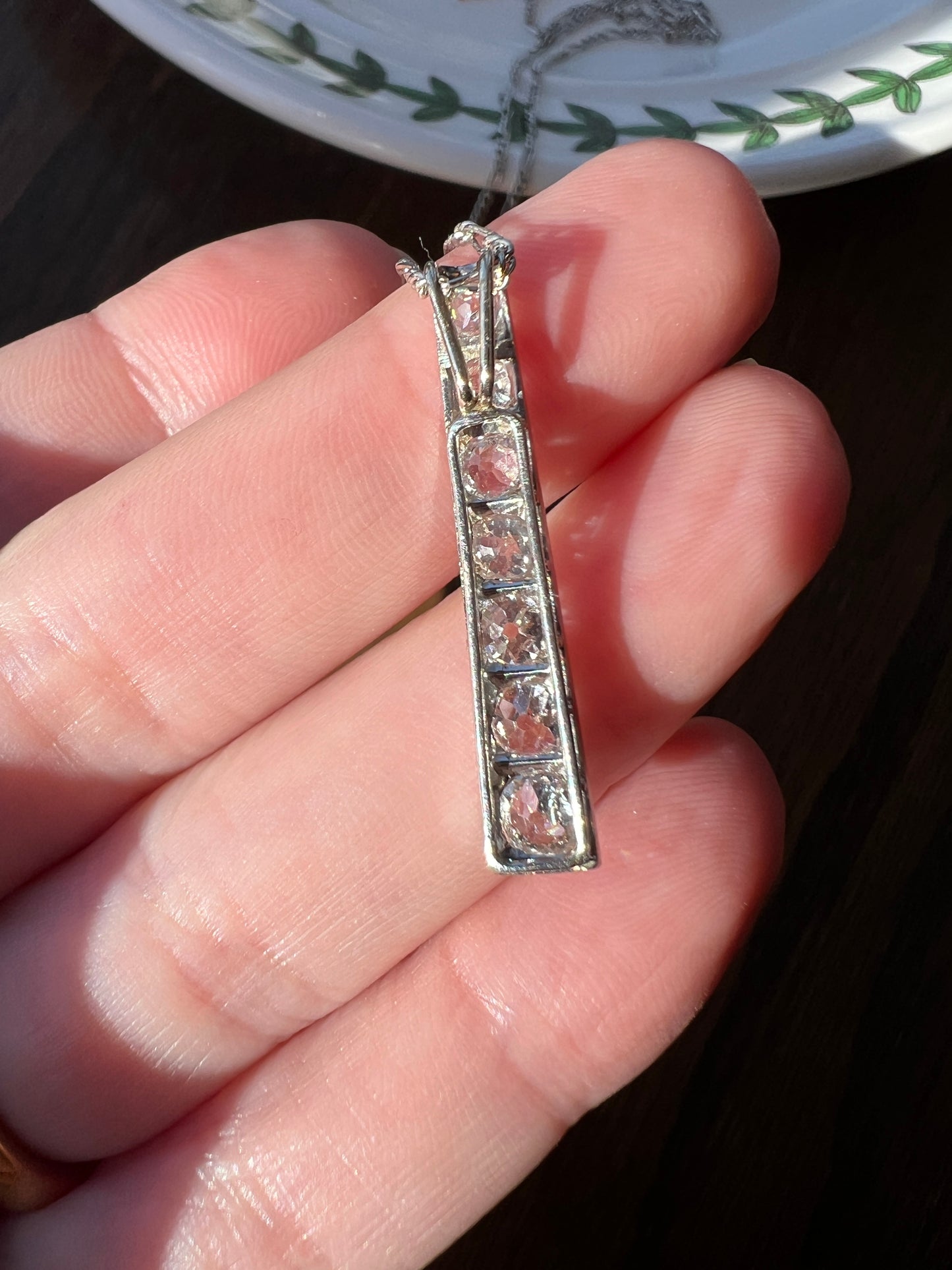 French Antique 1.4 Carat Old Mine Cut DIAMOND Line Dangle Seven Stone PENDANT Geometric 18k White Gold Chain