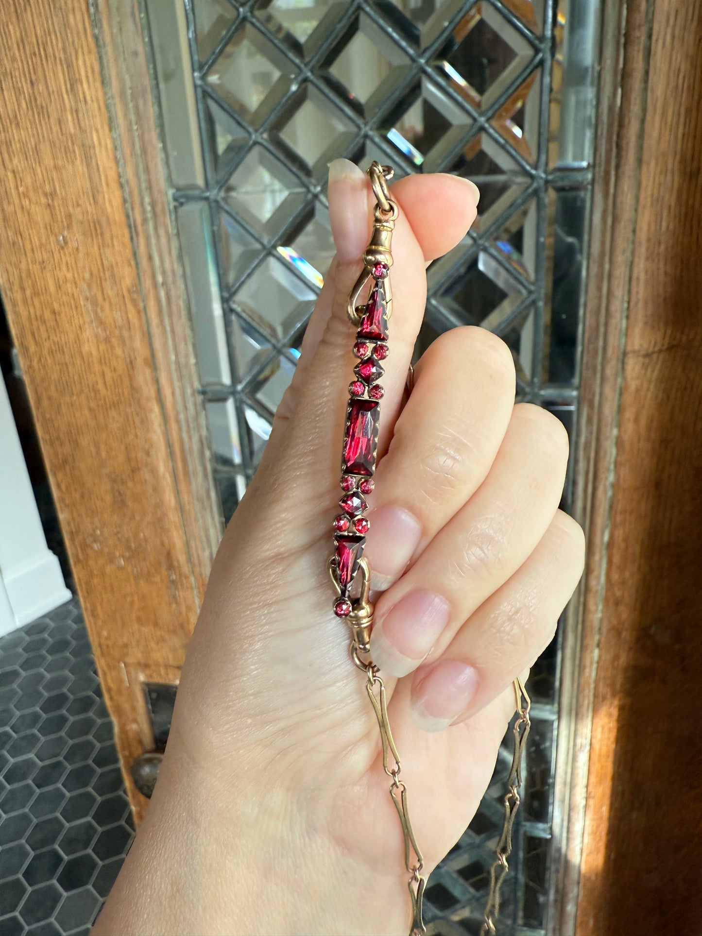 PERPIGNAN Garnet Purple Pink Bar Line Brooch for Pendant Conversion French Antique Victorian 18k Gold Extender Connector Triangle Cut