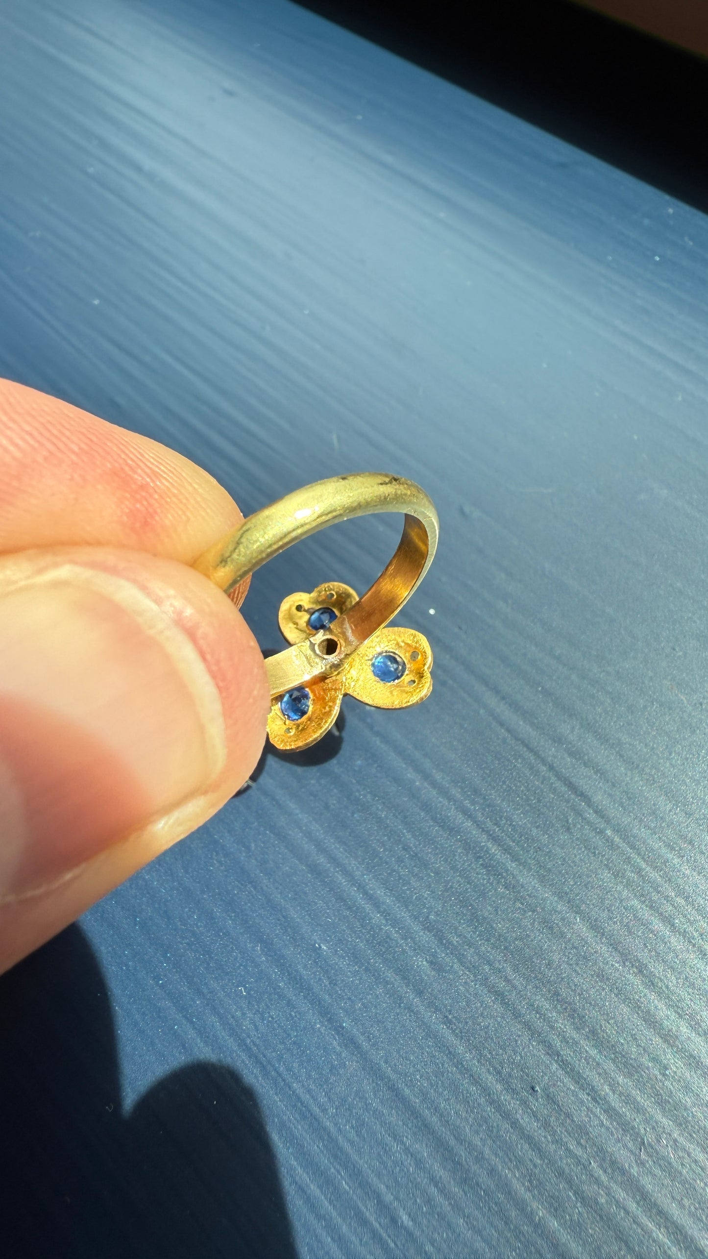 SPINNER Figural Flower Pearl Blue Paste Sapphire Antique Ring 18k Gold Victorian Moveable Face Unique One of a Kind