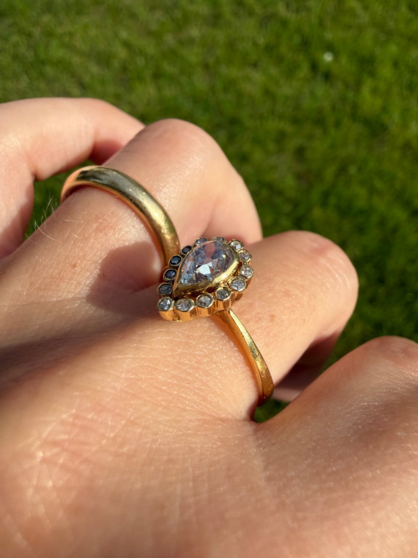 Vintage Halo Ring with Chunky .6 Carat Antique Old Mine Cut PEAR Diamond Eye Clean & Old Single Cuts Bezel Set Ring Teardrop Stacker