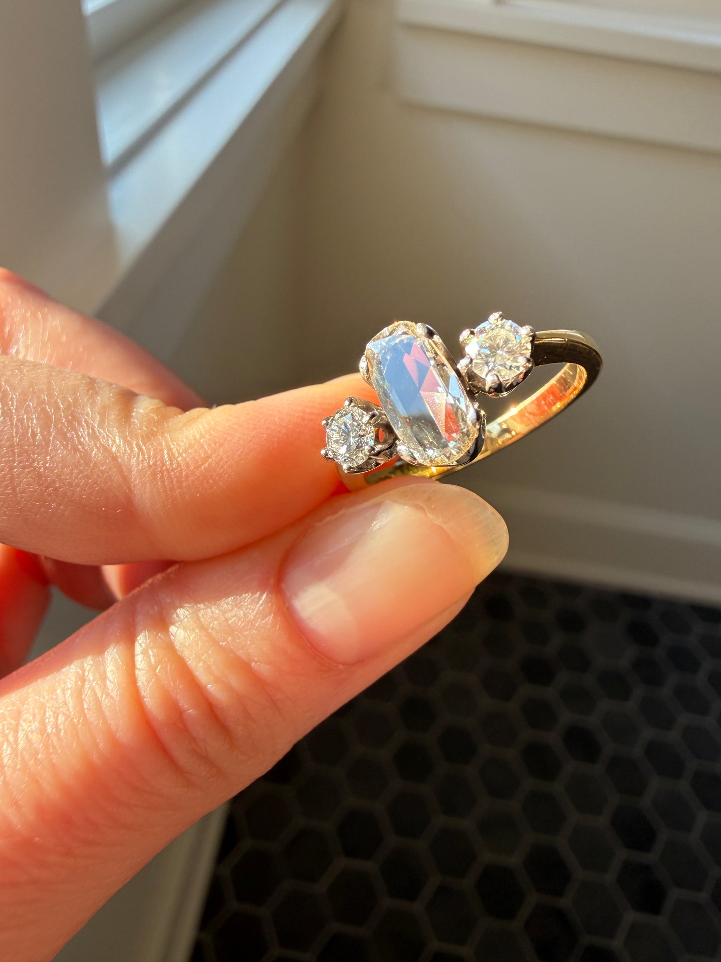 Unique Vintage Elongated Natural VS1 Portrait Rose Cut Three Stone DIAMOND Ring 18k Gold Solid Cushion Oval Stacker Band