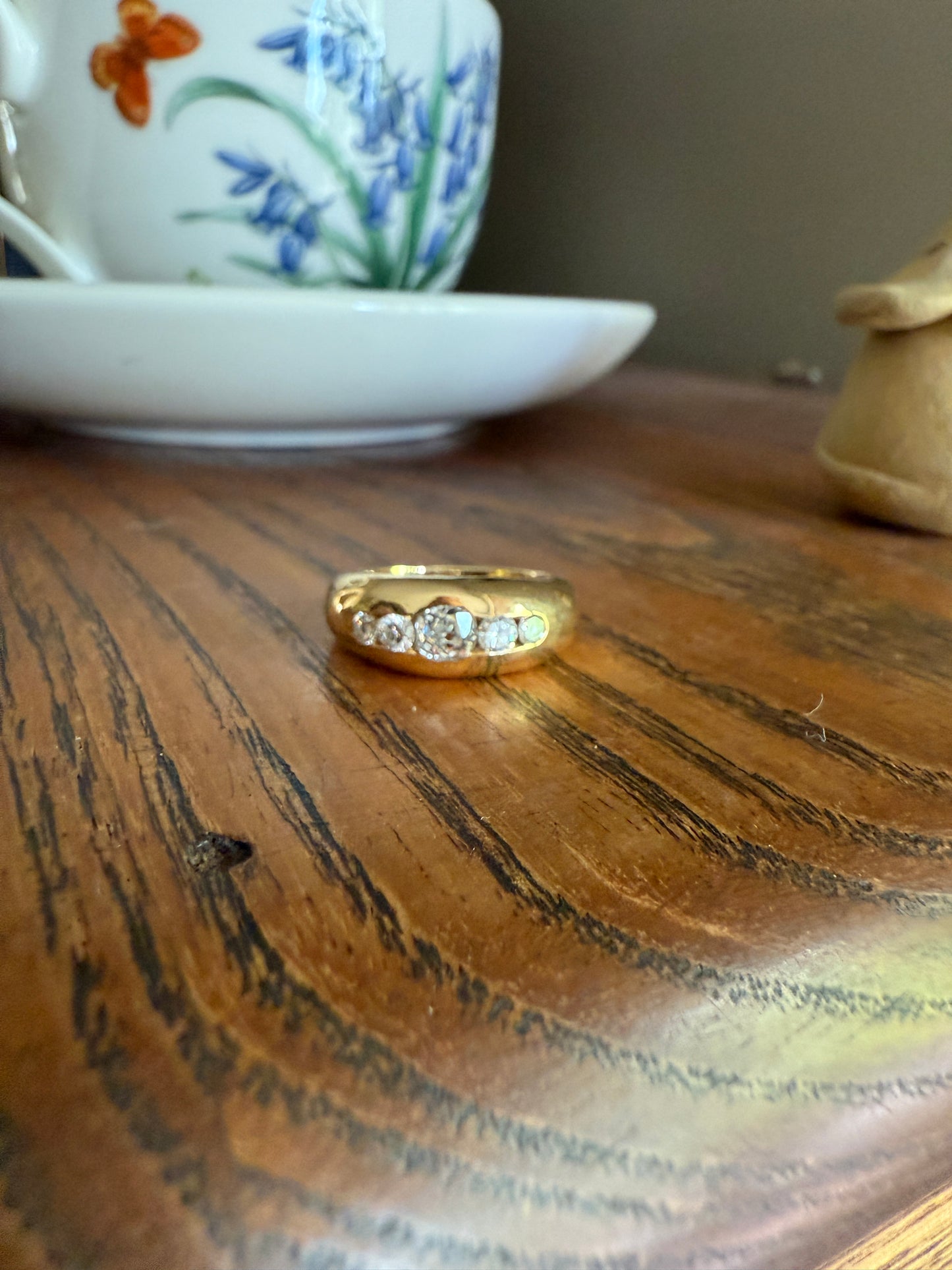 French Vintage .6 Carat Five Stone Ring Antique Old Mine Cut DIAMOND Center Wide Band 18k Gold Solid Stacker Chunky Domed
