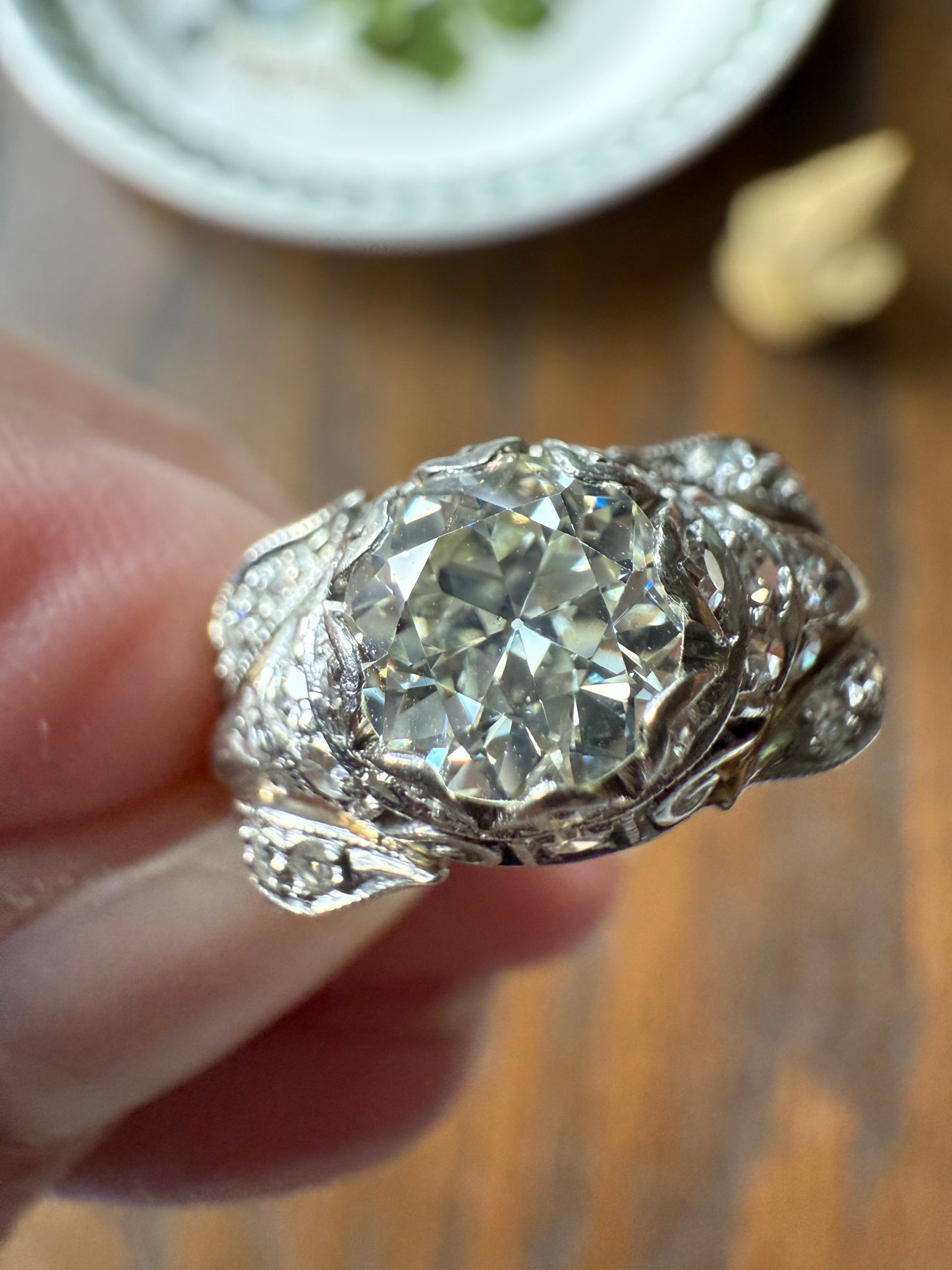 PLATINUM 1.7Ctw Art Deco Eye CLEAN Old European Cut Diamond Solitaire Engagement Ring w/ Wedding Set Wrap Encrusted Leaf Prong Antique c1928