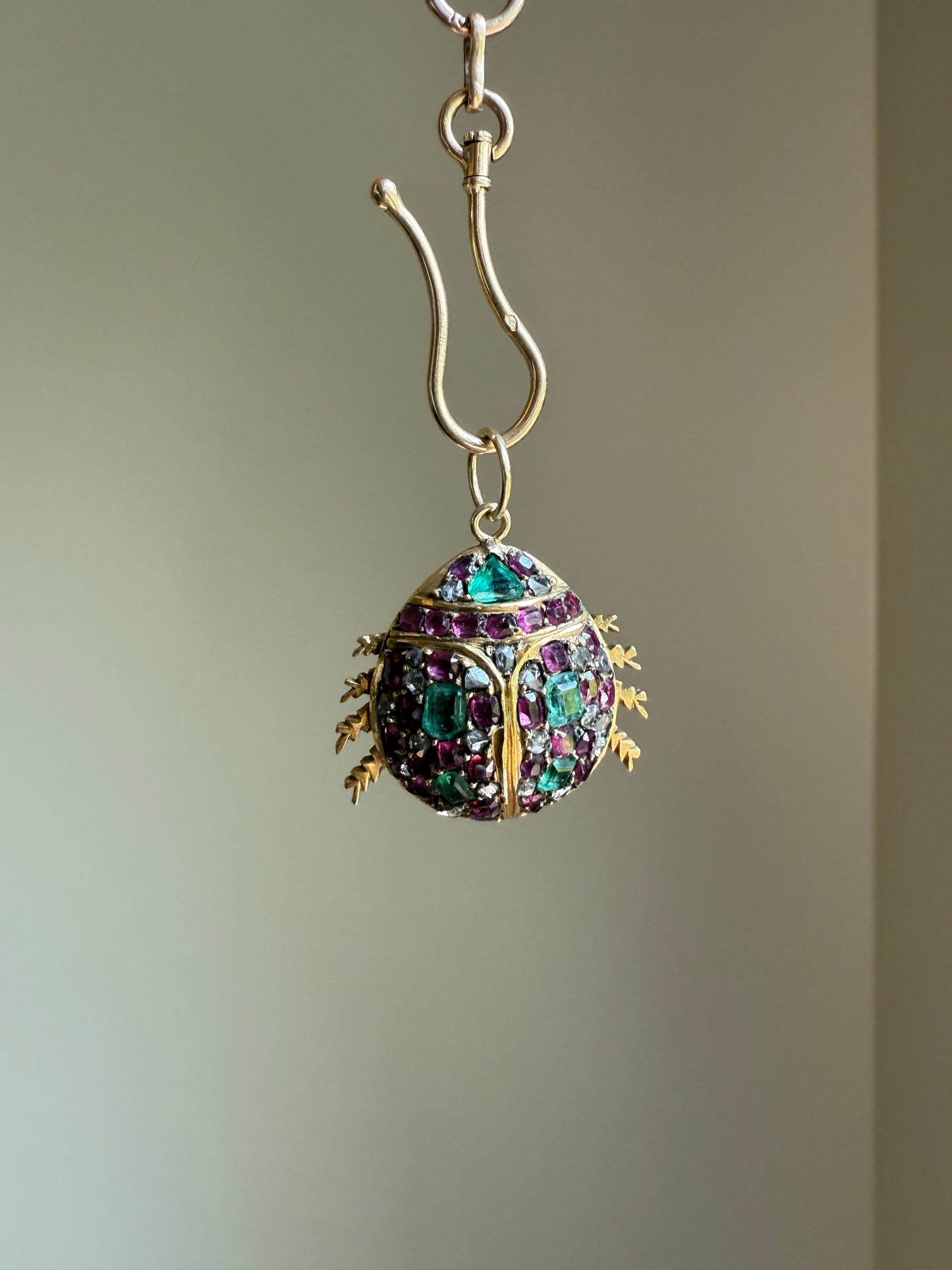 LADYBUG Large Antique Beetle Scarab Ruby Diamond Emerald Encrusted 14k Gold 3D Figural Pendant Domed Colorful Chunky