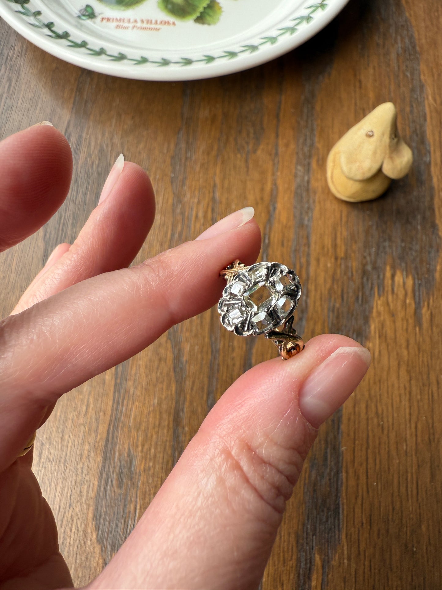 French Early Victorian Era Antique Open Back Table Cut DIAMOND Oval Cluster Ring 18k Gold Scarce Romantic Gift 1800s Ornate Band Stacker