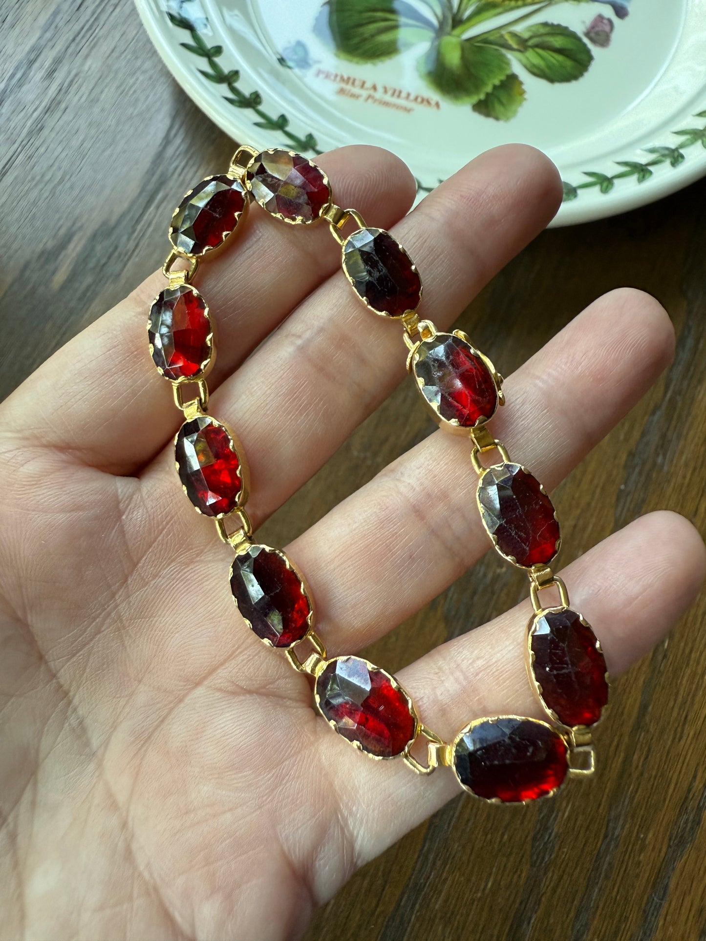 Vintage French Perpignan GARNET Riviere Eternity Bracelet 18k Gold Large Oval Bezel Set Rose Cut Closed Back Glowing Crimson Red Riviera