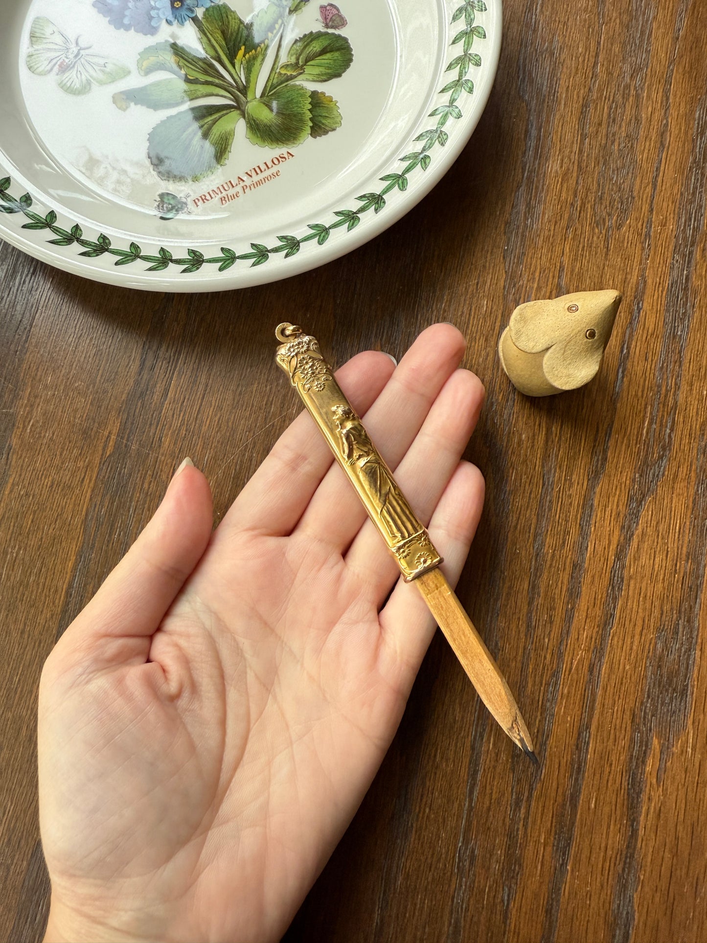 Victorian Lady French ANTIQUE " FIX " Brand Chatelaine Pencil Needle Case Pendant Rosy Gold Fill Forget Me Not Floral