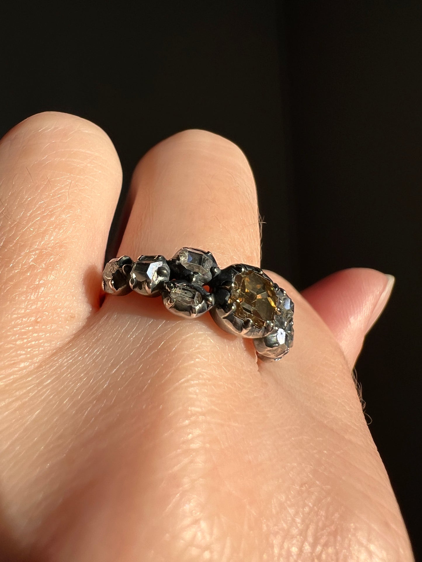 Rare YELLOW & Colorless Old Table Cut DIAMOND Nine Stone Band Antique Georgian Ring 18k Rose Gold Silver