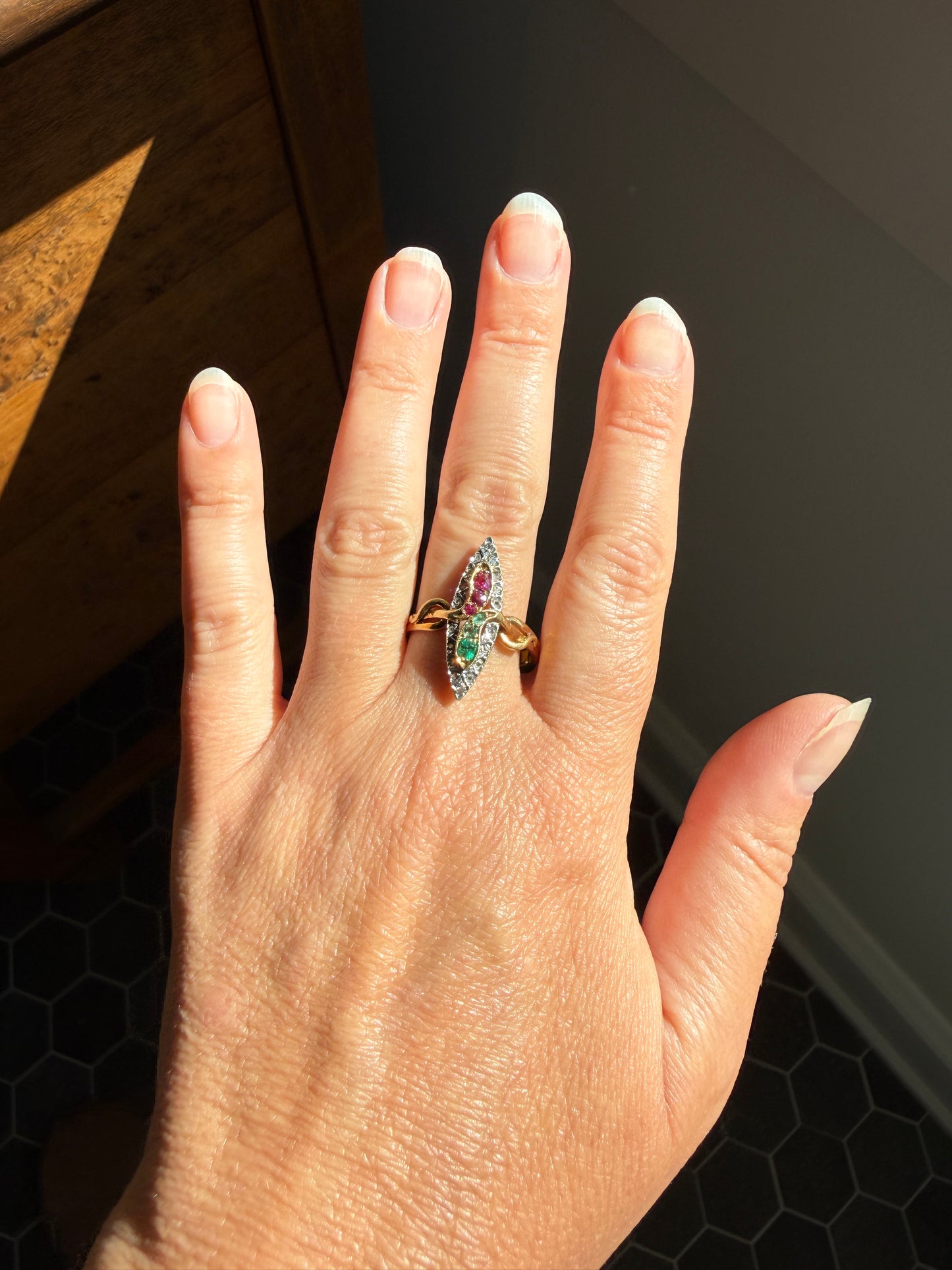 Double SNAKES Antique Ring Natural Ruby Emerald Rose Cut DIAMOND Halo Navette Ring 18k Gold Platinum Red Green Victorian Love Gift