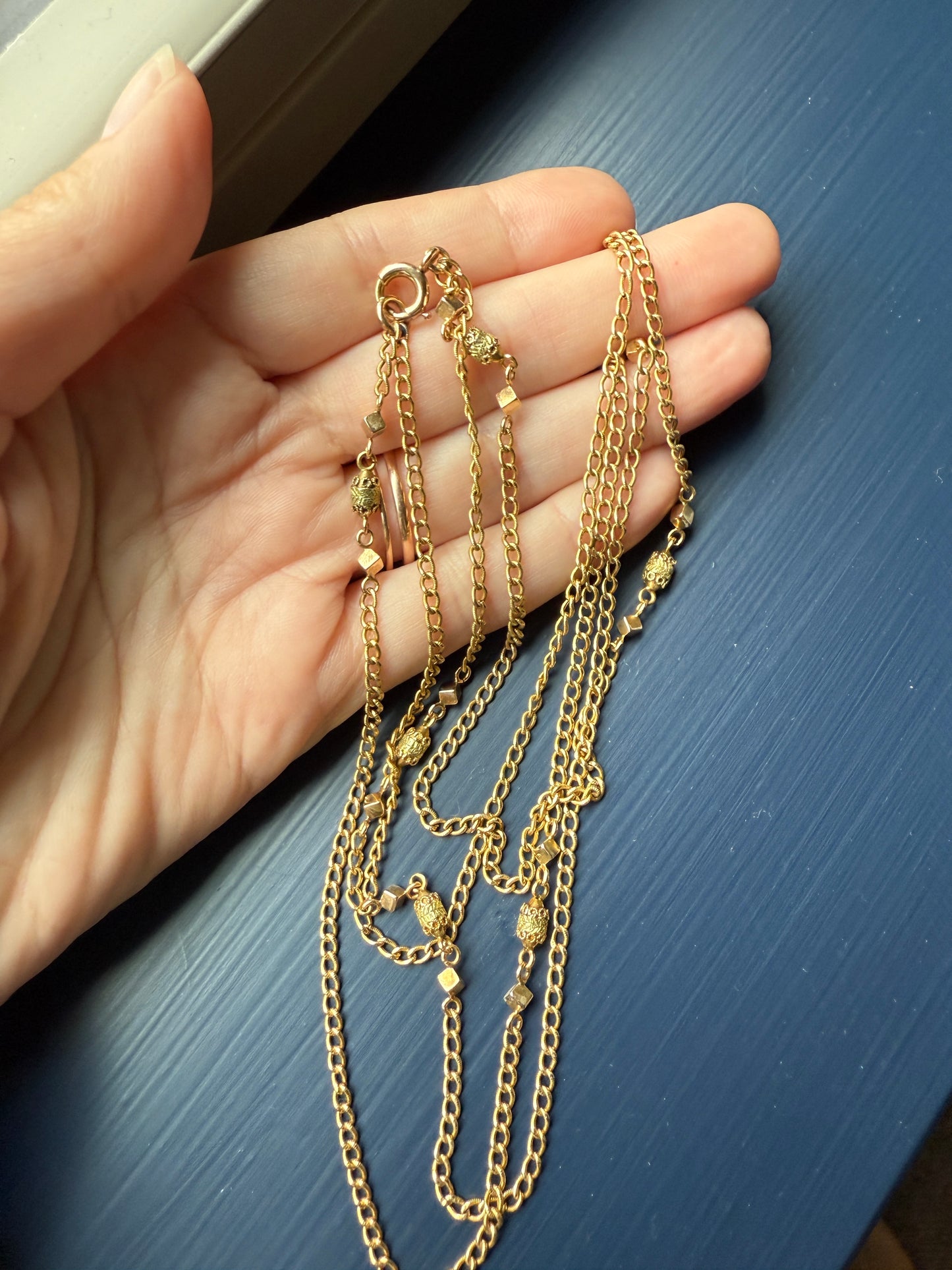 CUBE & Tricolor Oval French VICTORIAN Green 18k Gold 11.2g Extra Long Guard Cable Link Muff Double Chain Necklace Pendant Holder Bracelet