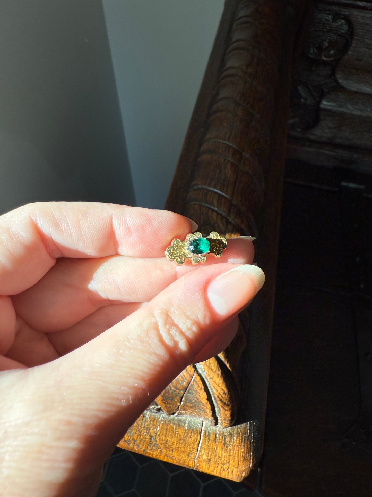 Reversible Slide PENDANT French Antique 14k Gold Engraved Green Paste Faux Emerald Collet Set Bracelet or Necklace Charm Victorian Parts