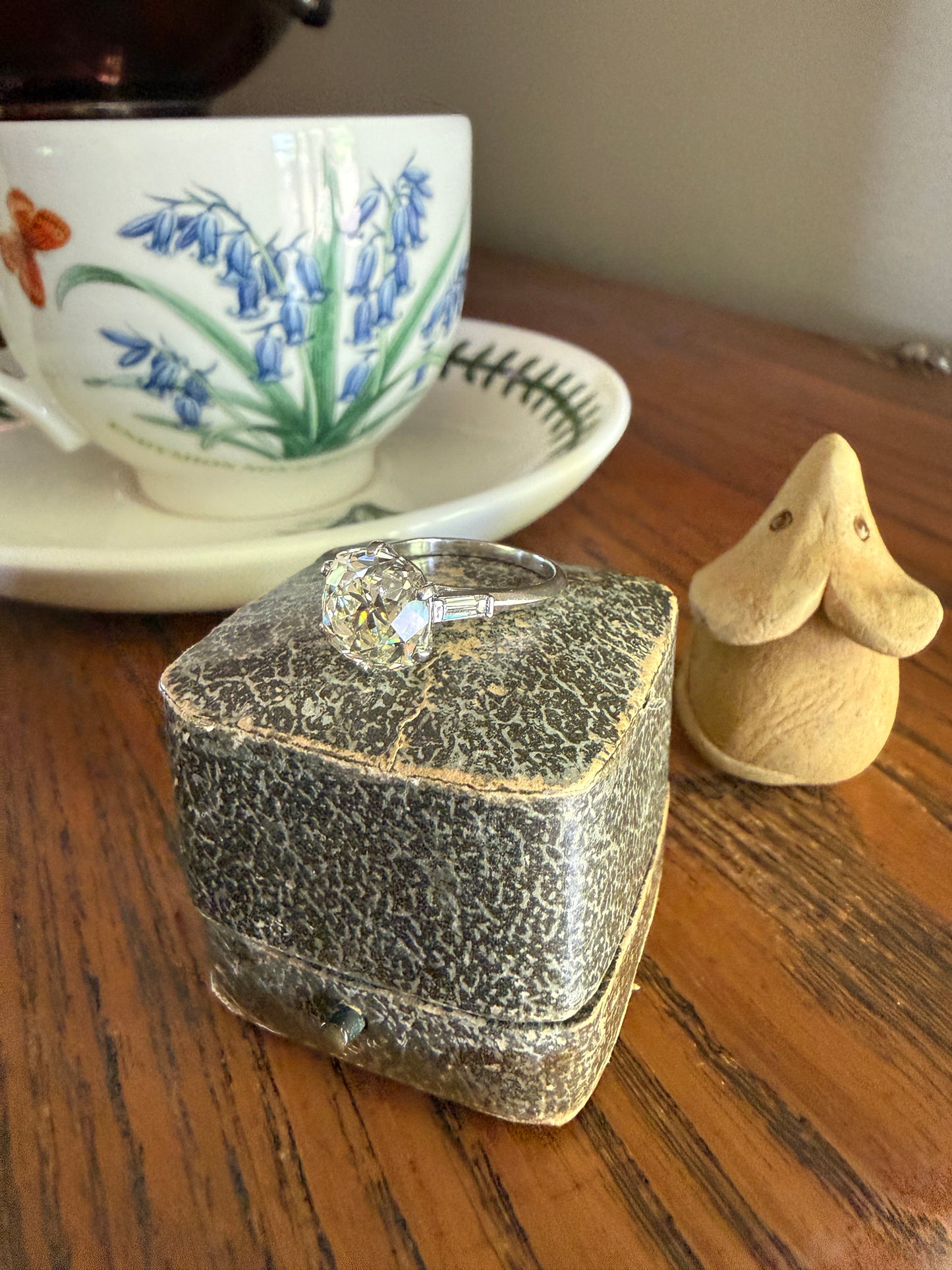 Chunky Vintage Four Carat Eye Clean Old Mine Cut Diamond Solitaire Engagement Ring French 18k White Gold Platinum Art Deco Baguette Tall OMC