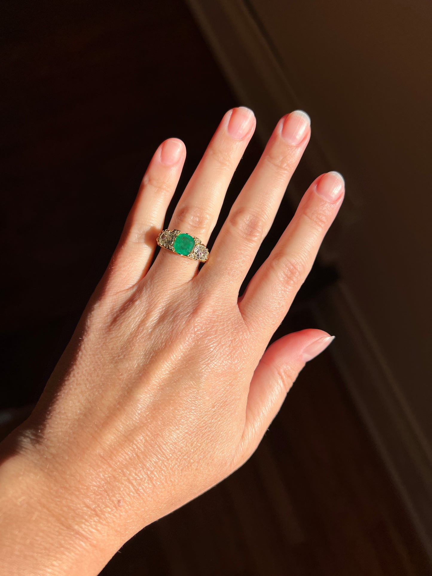 Antique 1.5 Carat Natural EMERALD & 1.9 Carat Tdw Eye Clean Old Mine Cut DIAMOND Three Stone Ring 18k Gold