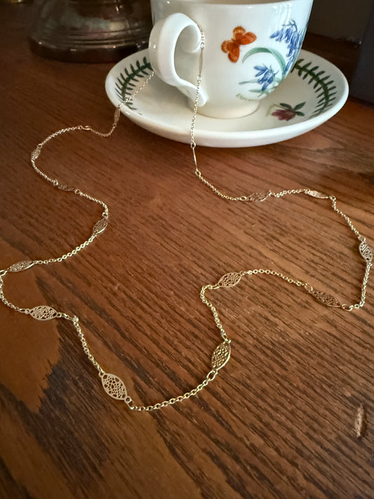 French Vintage Gold Filled Ornate Openwork Oval Link Long Chain