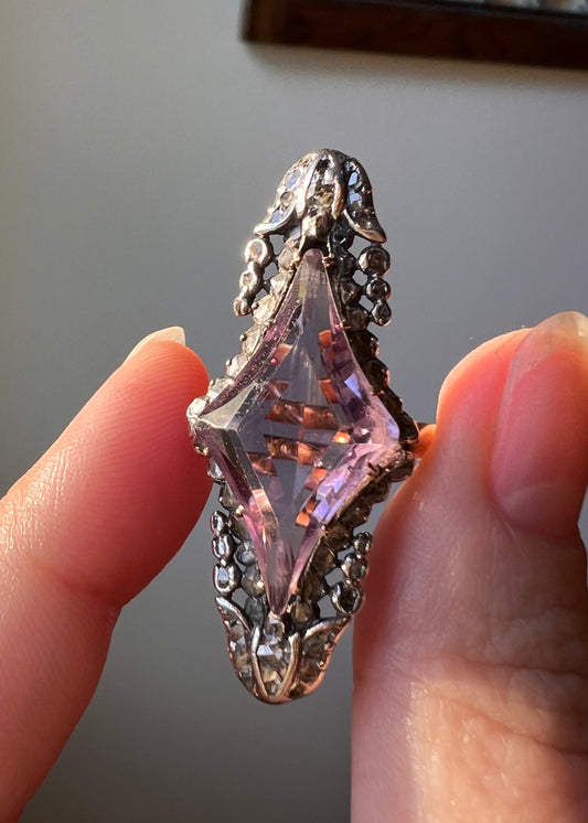 One of a Kind LARGE Flared Cut AMETHYST 62 Rose Cut DIAMONDS French Antique Ring Tulip Floral Garland 18k Rose Gold Silver