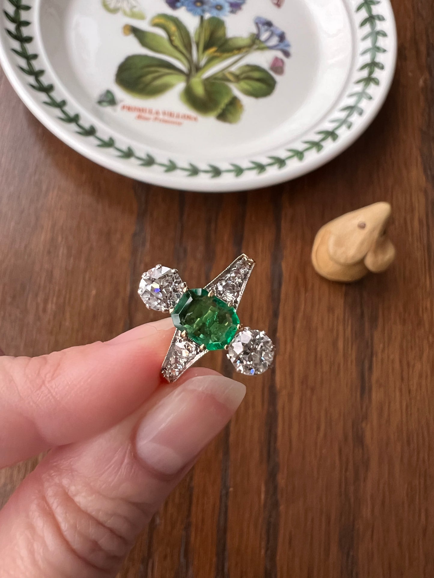 Antique Old Octagon Cut EMERALD 1.5 Carat Old Mine Cut Diamond Line Ring Edwardian Stacker Gift French 18k Gold Platinum Old Step Cut Octagonal