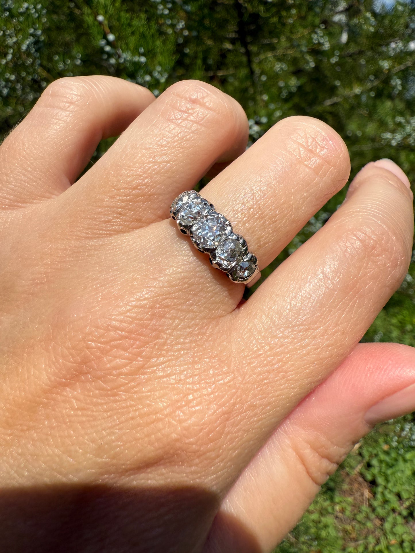 CHUNKY 1.5 Carat Five Stone Old Mine Cut Diamond Band French Antique Platinum Ring Stacker
