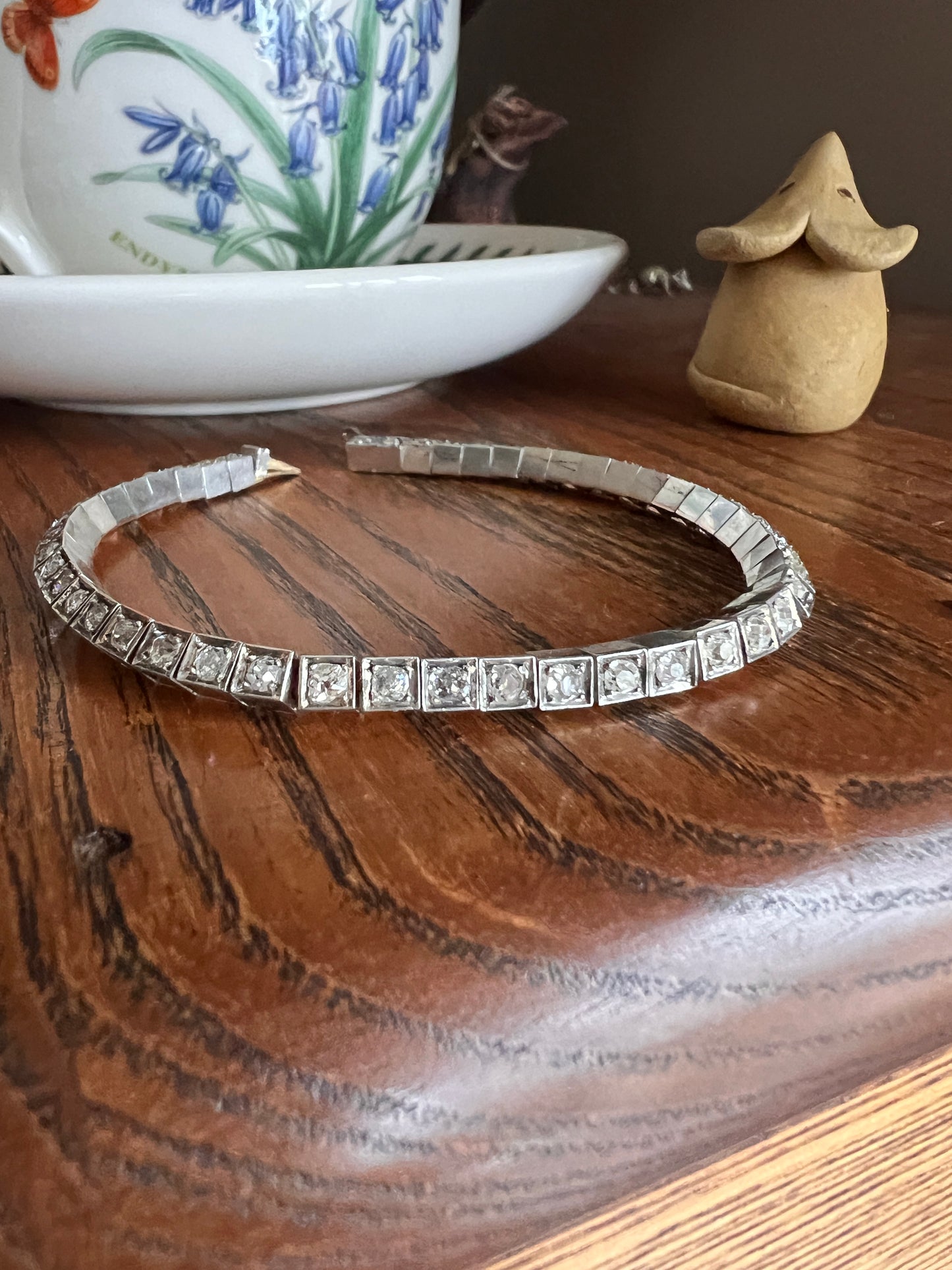 Antique 2.8 CARAT 47 Old Mine Cut DIAMOND Line Tennis Bracelet 18k White Gold French Art Deco