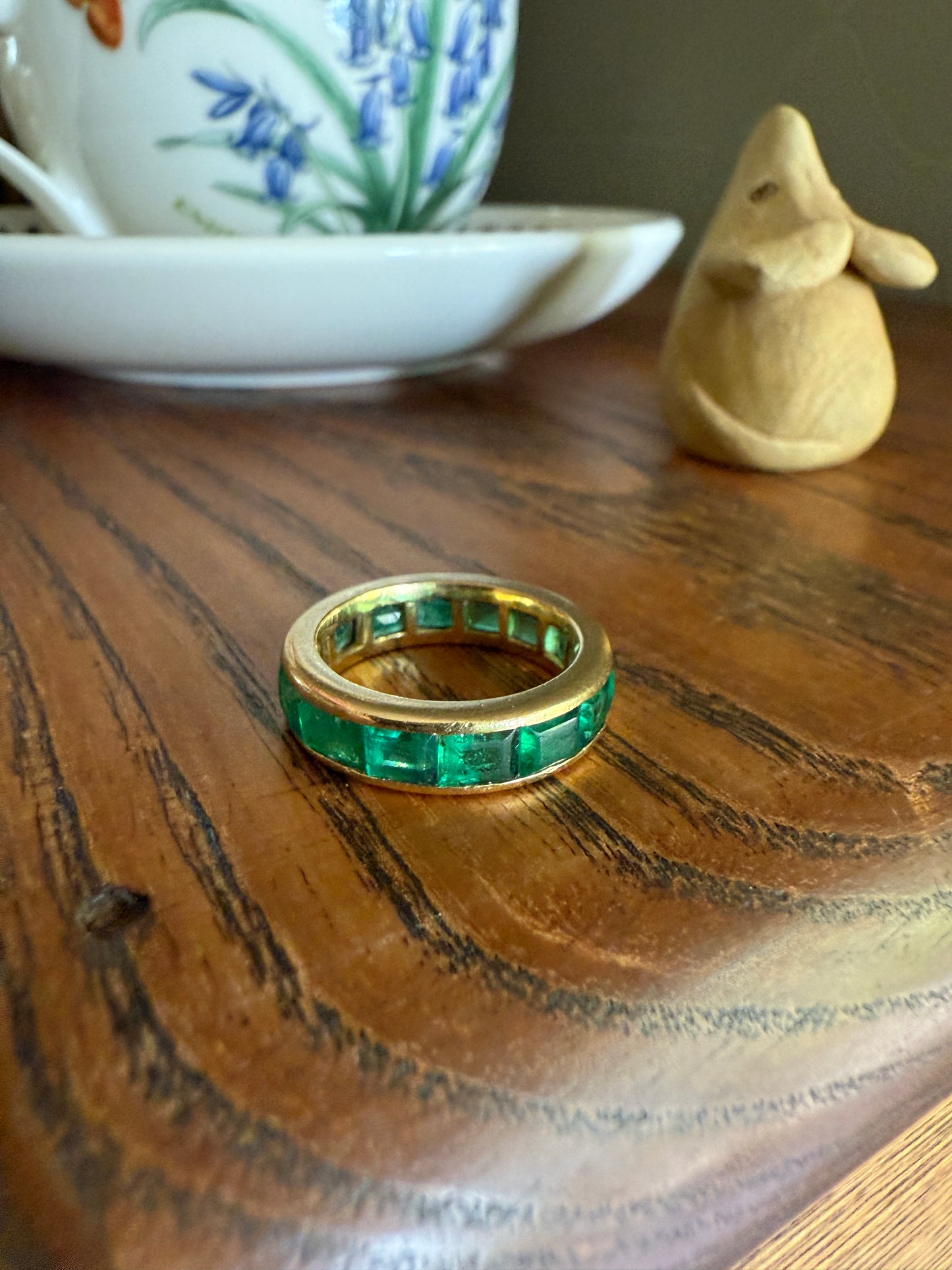 Vintage 5mm Channel Set 14 EMERALD Full ETERNITY Band Ring 18k Gold 2.25 Carat Skinny Line Stacker French Chunky Green