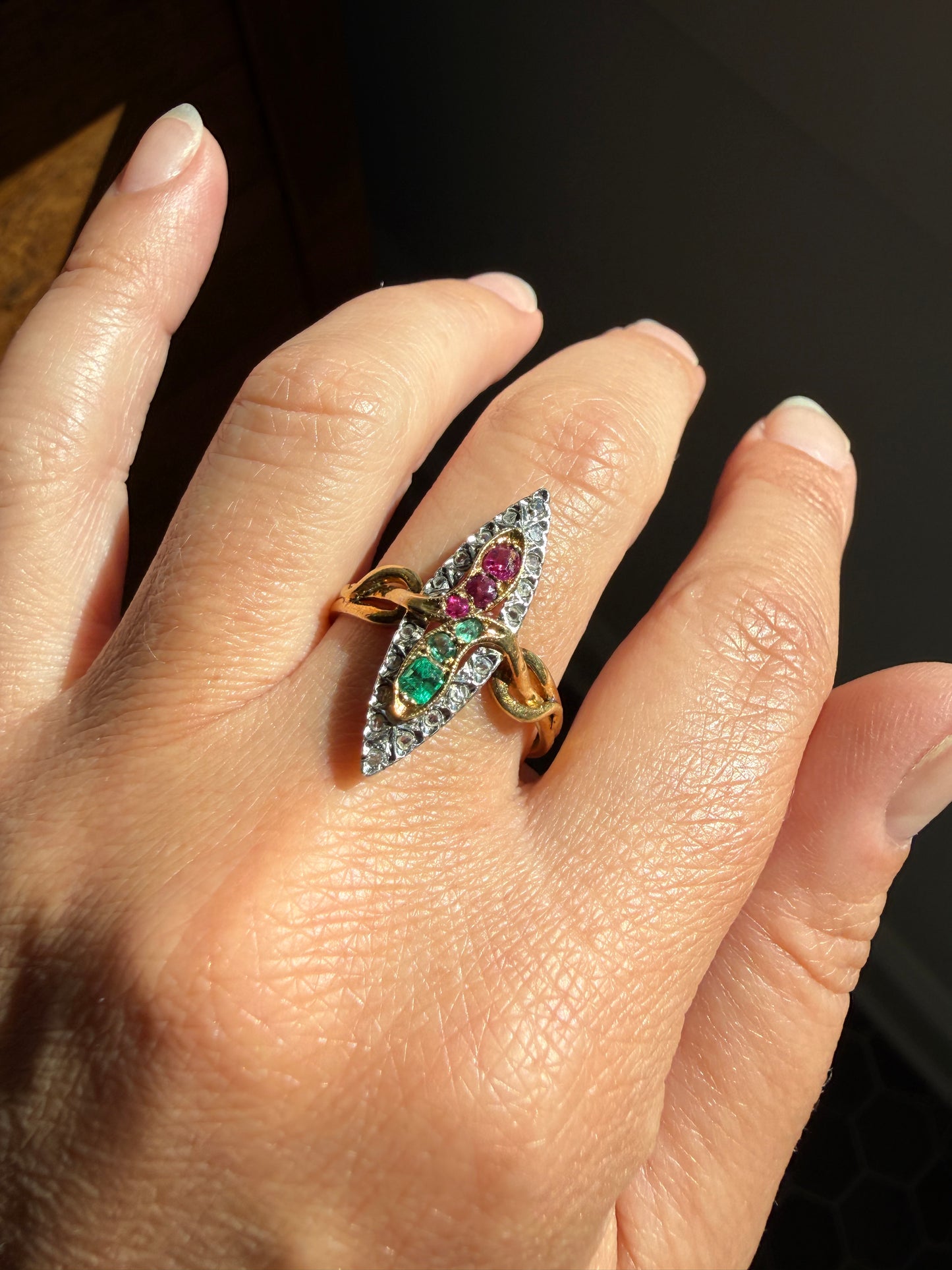 Double SNAKES Antique Ring Natural Ruby Emerald Rose Cut DIAMOND Halo Navette Ring 18k Gold Platinum Red Green Victorian Love Gift