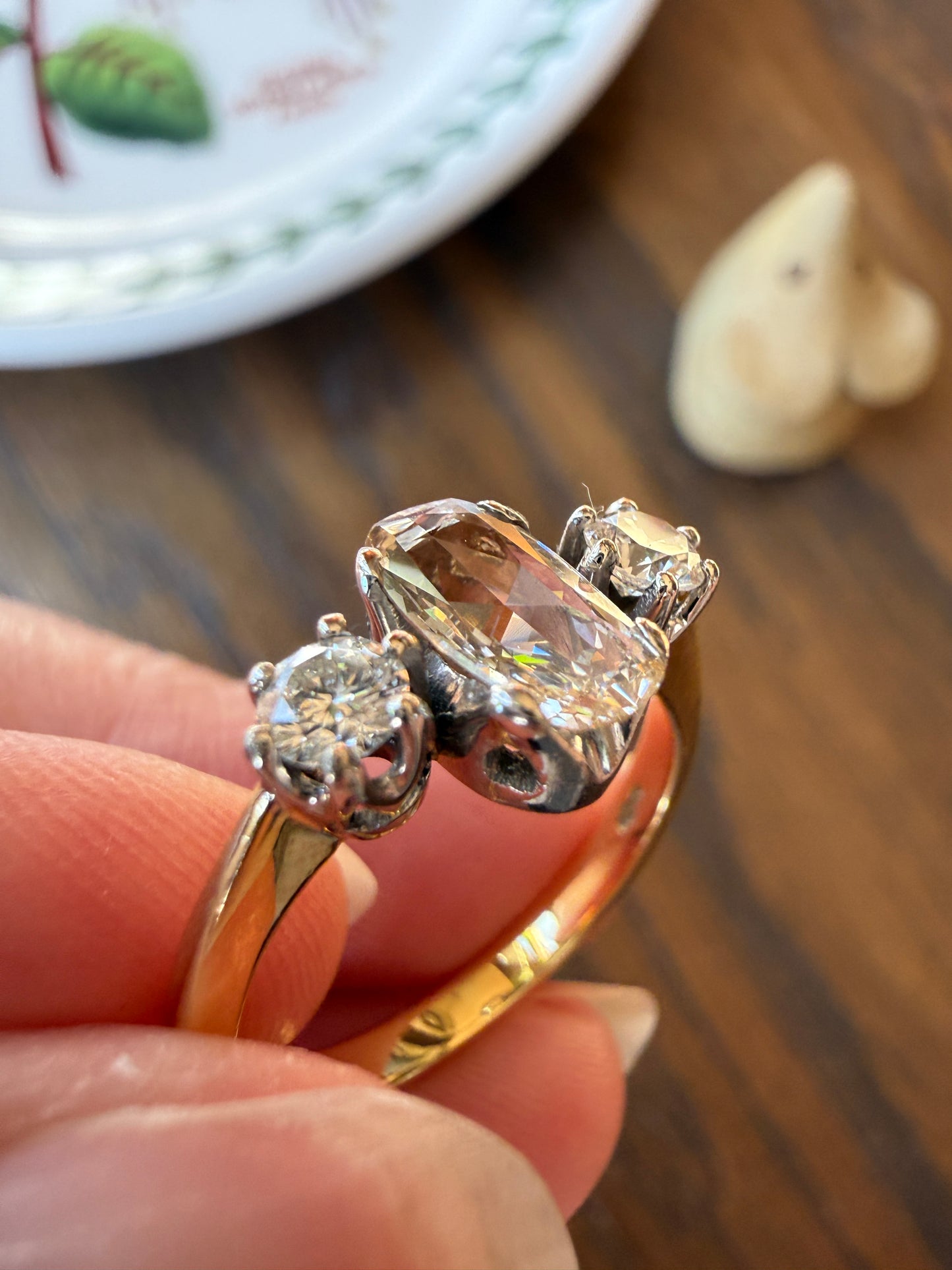 Unique Vintage Elongated Natural VS1 Portrait Rose Cut Three Stone DIAMOND Ring 18k Gold Solid Cushion Oval Stacker Band