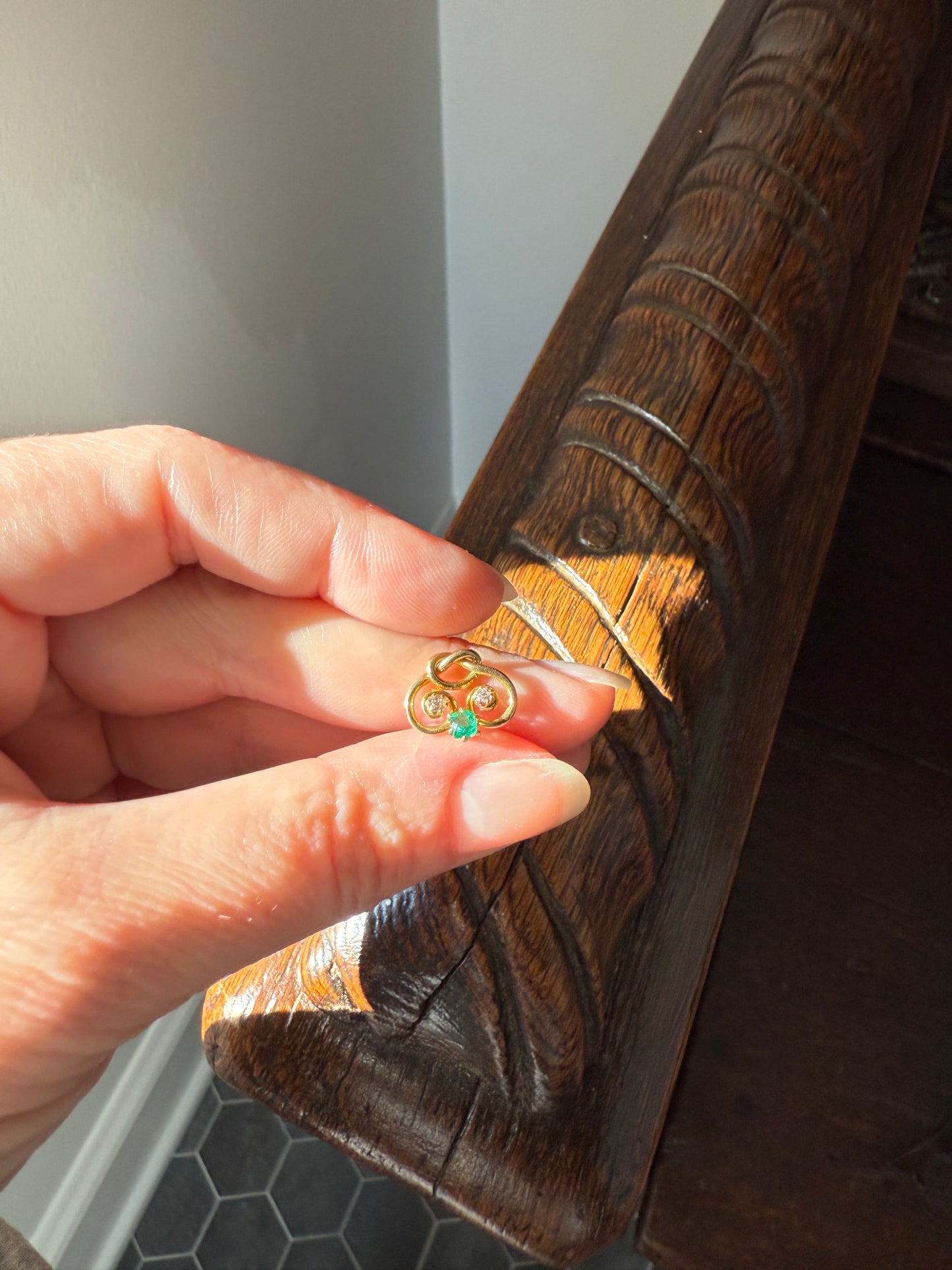 Pretzel Emerald Old Mine Cut Diamond PENDANT Antique 14k Gold Love Knot Bracelet or Necklace Charm Victorian Parts