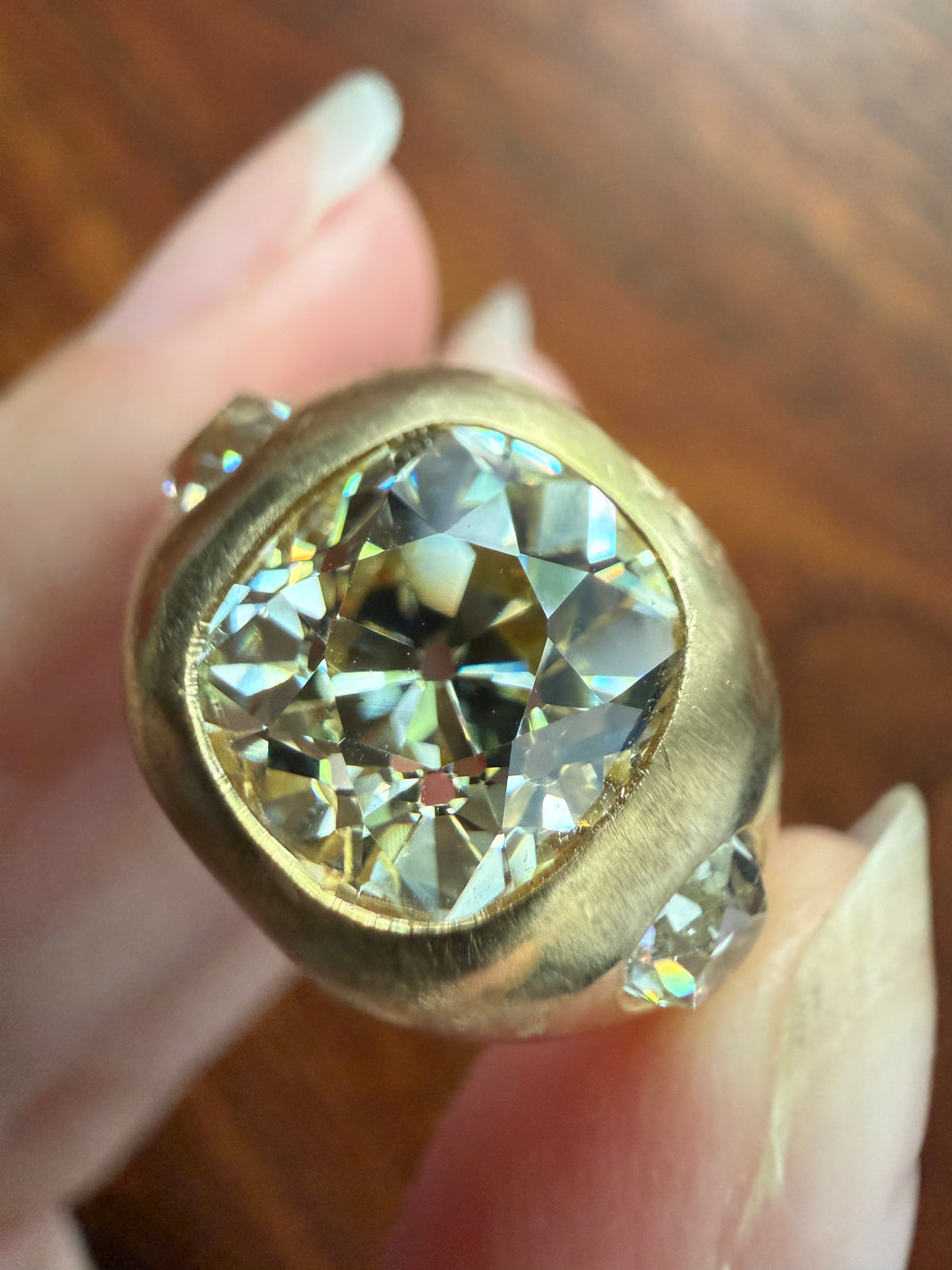 HEAVY 5.2 Carats Eye Clean Natural Antique Old Mine Cut Diamond Three Stone Gypsy Ring 14.5g 18k Gold Matte Band Stacker Man Unisex Chunky