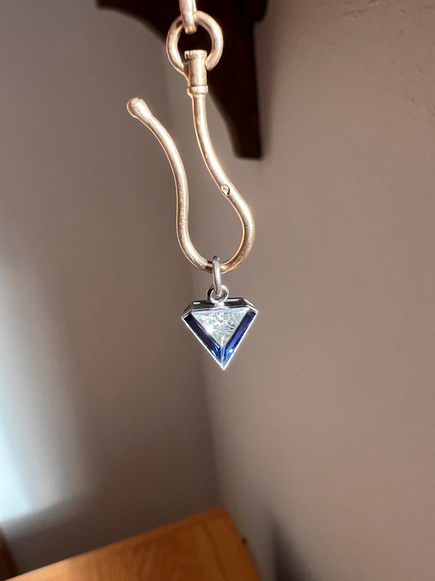 TRIANGLE Shield Antique RARE Lozenge Old Cut DIAMOND 18k White Gold Eye Clean Pendant Art Deco Blue Sapphire Halo One of Kind Gift Charm