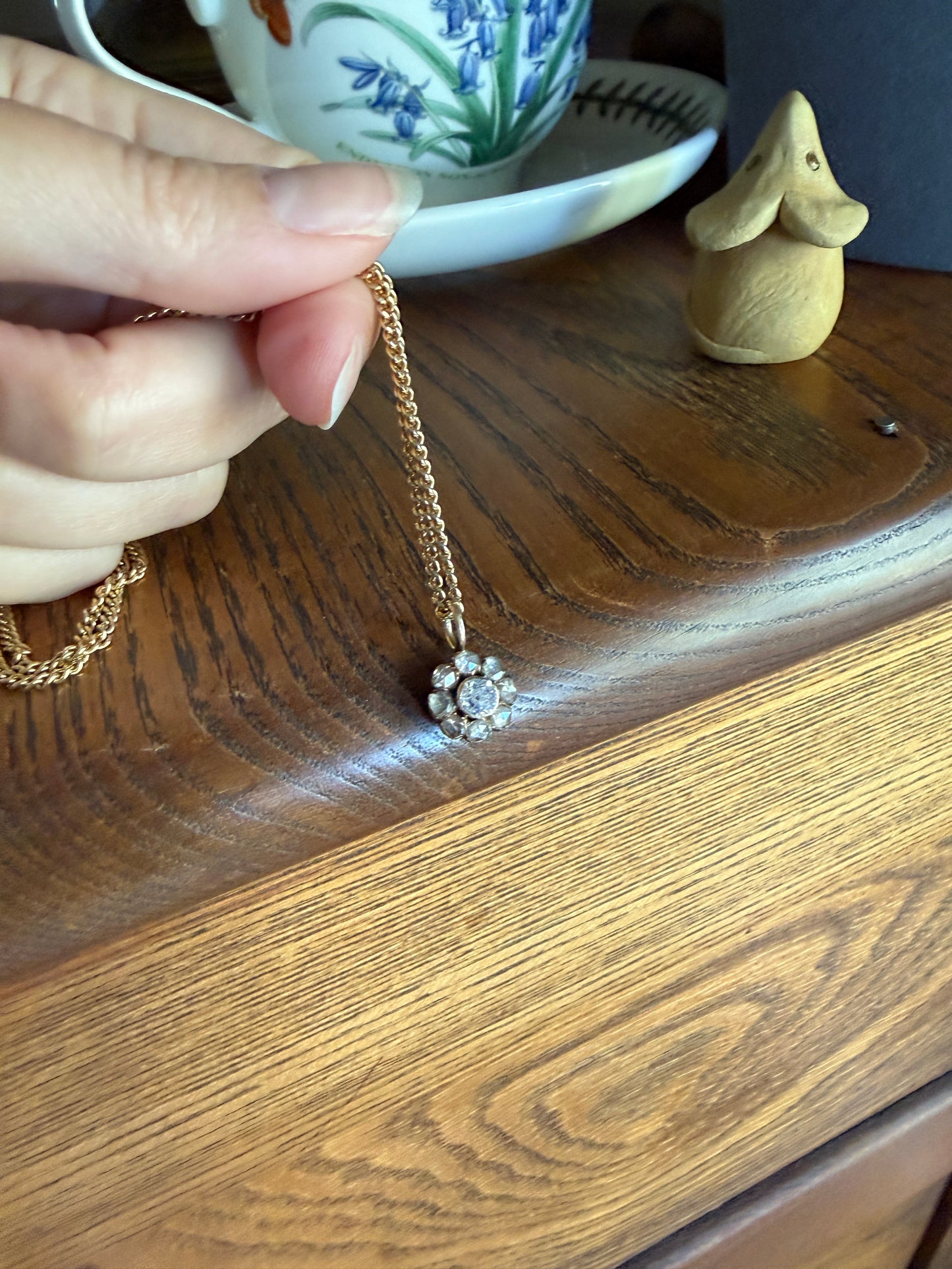 Daisy Cluster Pendant Old Mine Rose Cut DIAMOND Antique Victorian 18k Gold Pendant Necklace Bracelet Charm Floral