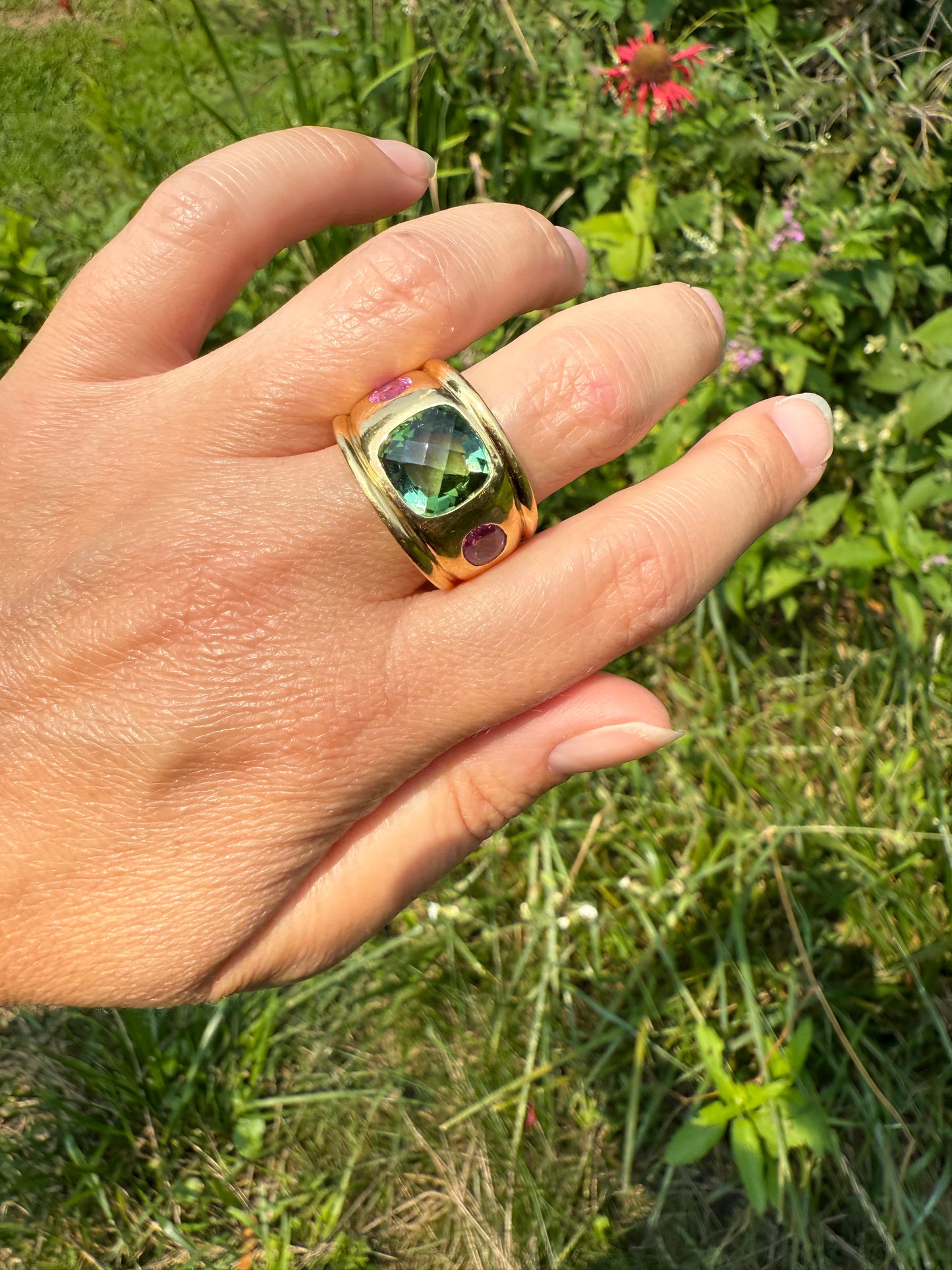 MEGA Green Tourmaline & Pink Sapphire Three Stone Ring HEAVY 20g 18k Gold Solid French Vintage Chunky Stacker Discoball Wide Band Color