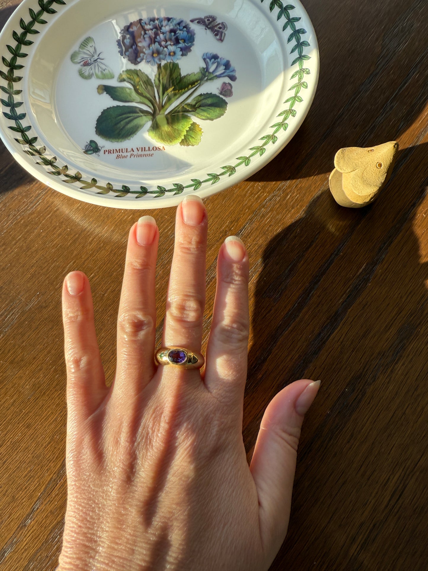 Vintage AMETHYST Emerald Geometric Domed Band Stacker Ring 18k Gold French Green Purple Chunky