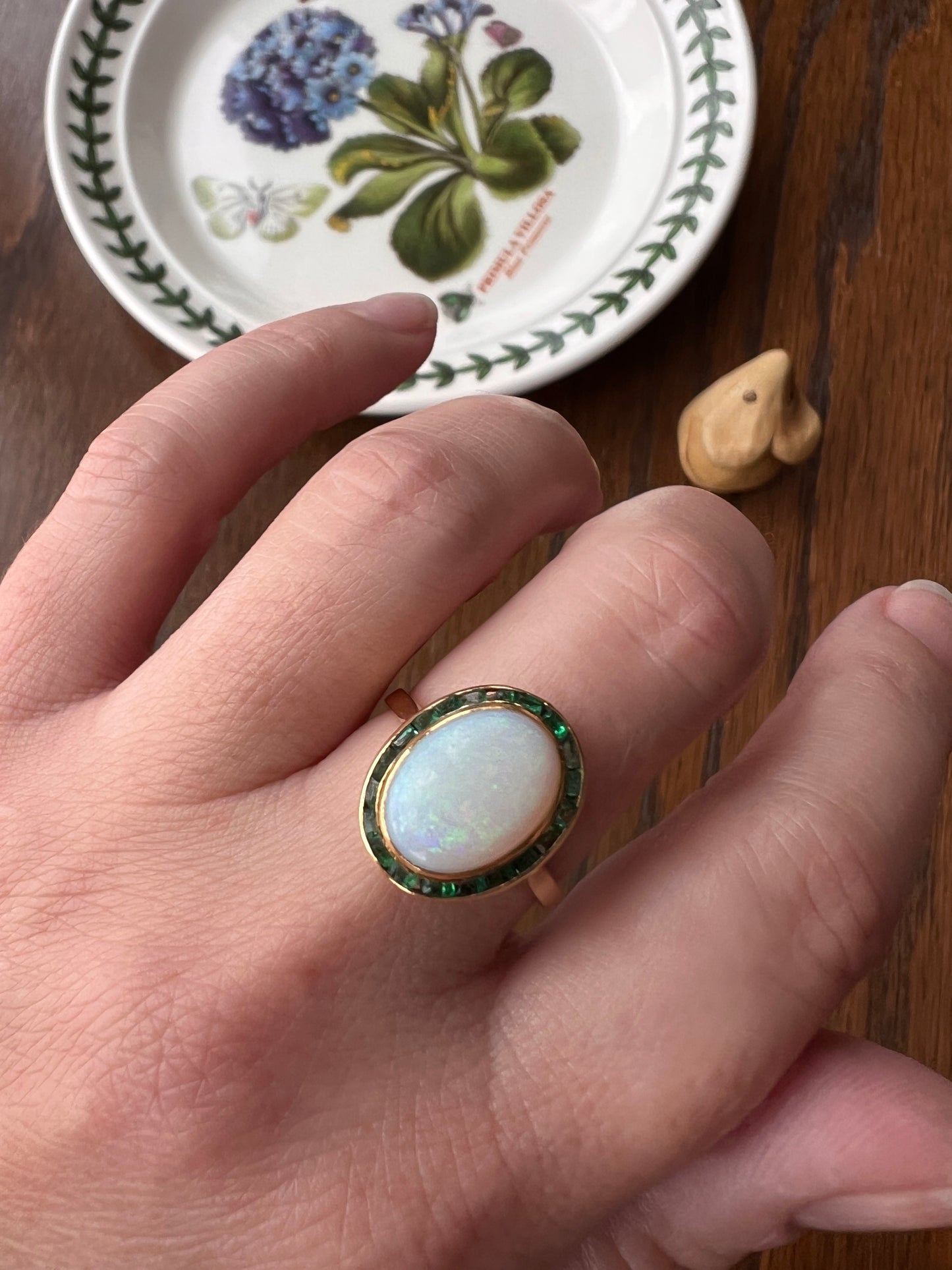 BLUE Opal Carre Cut EMERALD HALO Ring Antique 18k Gold Oval Geometric Bullseye Target Green Victorian