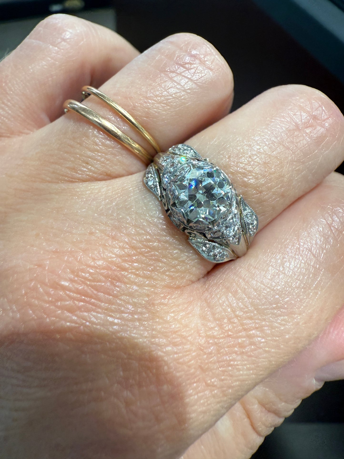PLATINUM 1.7Ctw Art Deco Eye CLEAN Old European Cut Diamond Solitaire Engagement Ring w/ Wedding Set Wrap Encrusted Leaf Prong Antique c1928