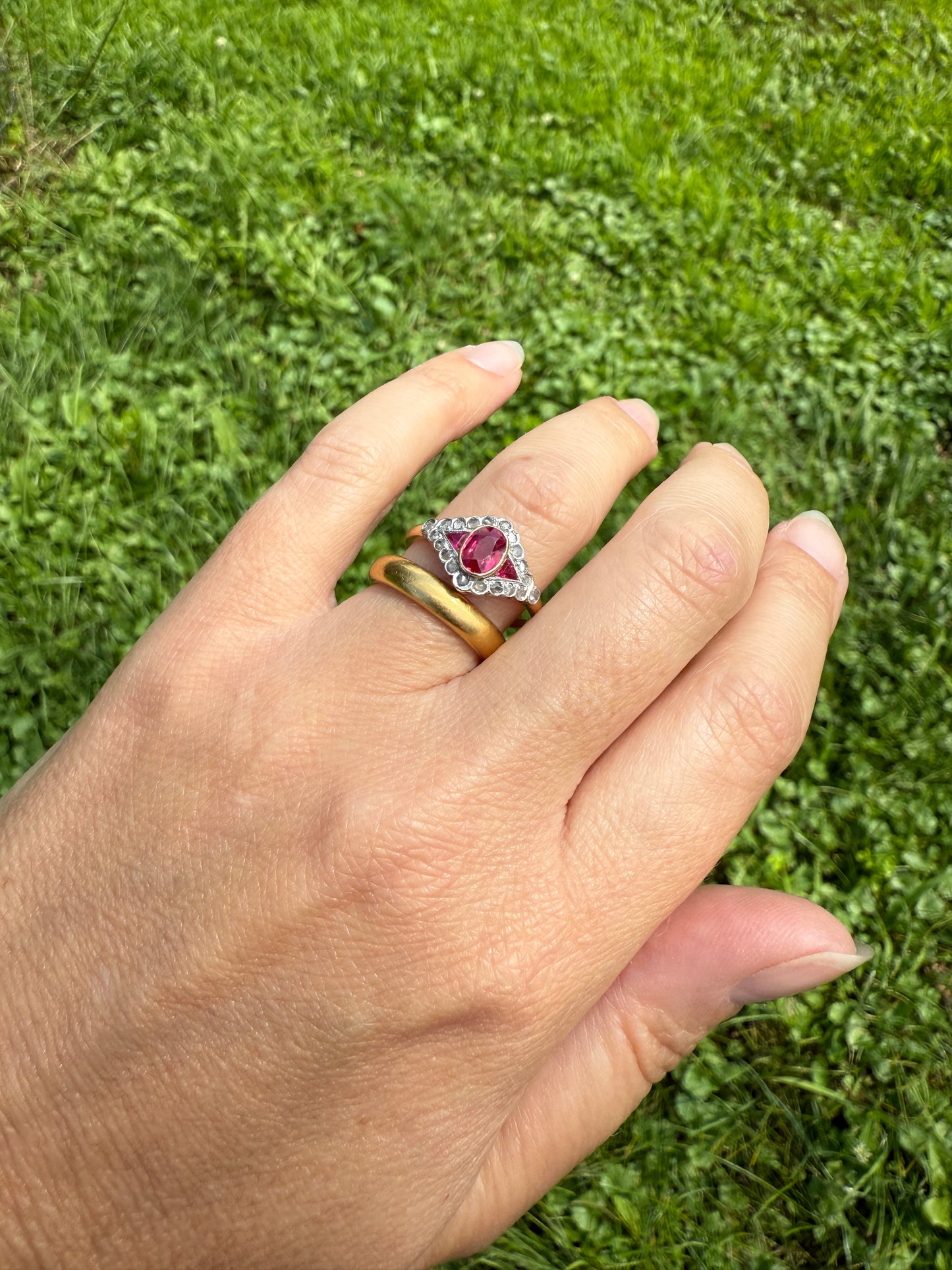 Antique Pink RUBY Rose Cut DIAMOND Garland Halo East West Ring French 18k Gold Stacker Belle Epoque Triangular Trillion