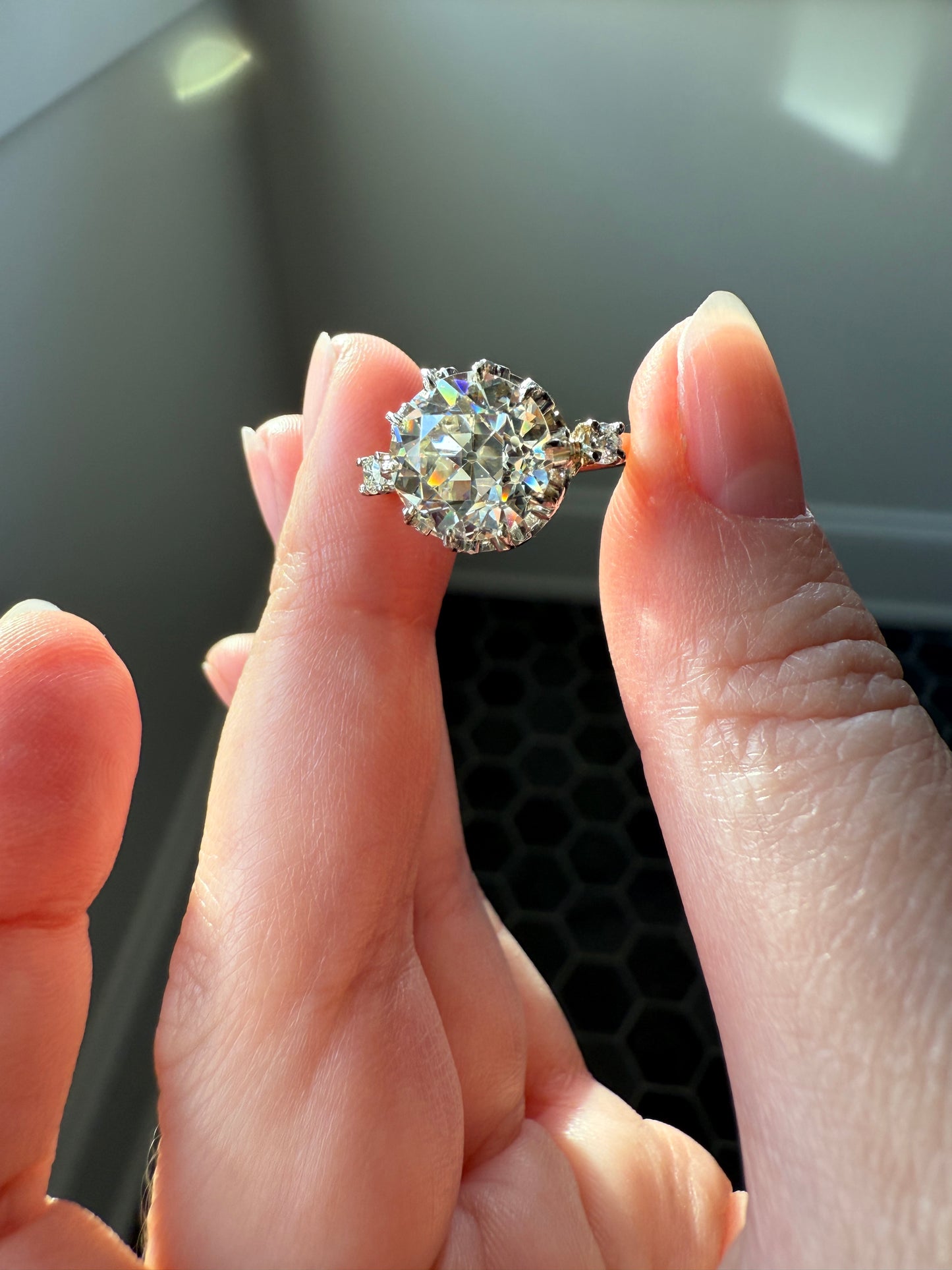 Special French Original Antique 4.07 CARAT Natural Old European Cut DIAMOND Eye Clean Solitaire Engagement Ring 18k Rosy Gold Platinum