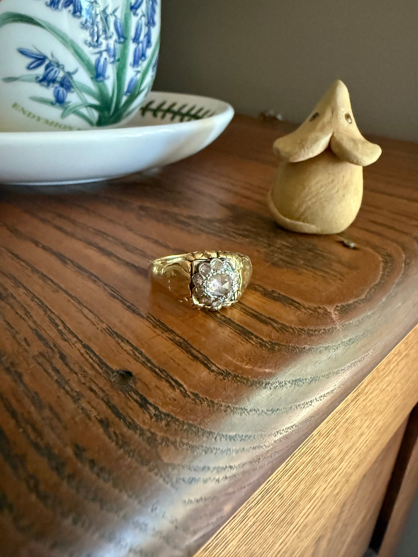 Chunky ANTIQUE Rose Cut Diamond Daisy Cluster Wide Band Heavy 18k Gold Gypsy Georgian Victorian Signet Man or Unisex Face Up 1 Carat Pink
