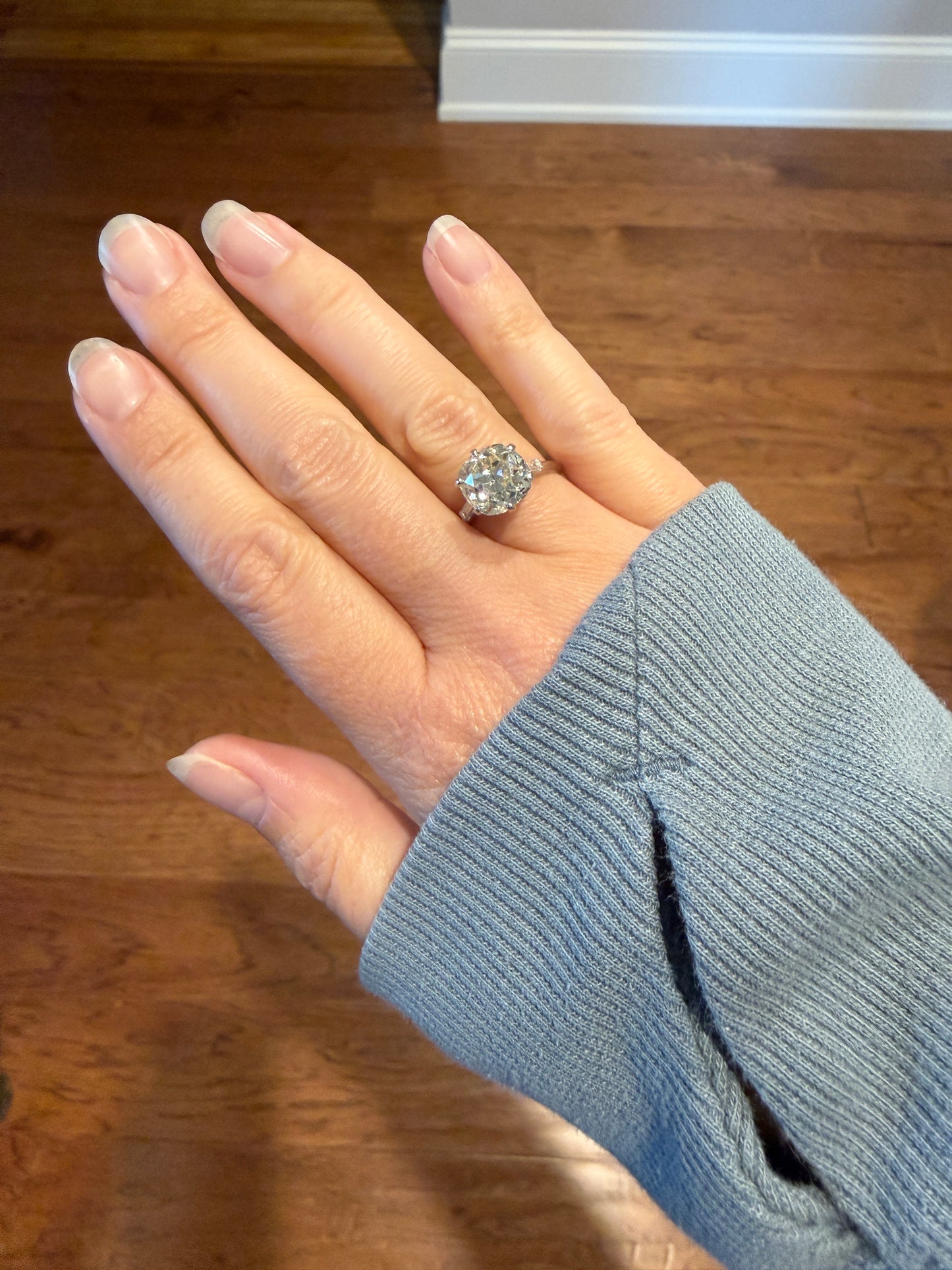 Chunky Vintage Four Carat Eye Clean Old Mine Cut Diamond Solitaire Engagement Ring French 18k White Gold Platinum Art Deco Baguette Tall OMC
