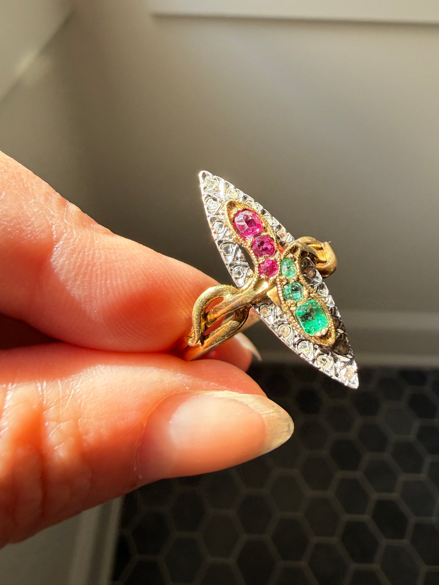 Double SNAKES Antique Ring Natural Ruby Emerald Rose Cut DIAMOND Halo Navette Ring 18k Gold Platinum Red Green Victorian Love Gift