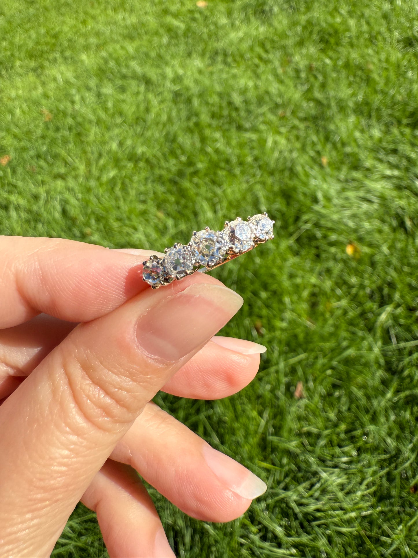 Five Stone Victorian Antique 1.75 CARAT Old Mine Cut DIAMOND Tall Stacker Ring 18k Gold Skinny Band Wedding Anniversary