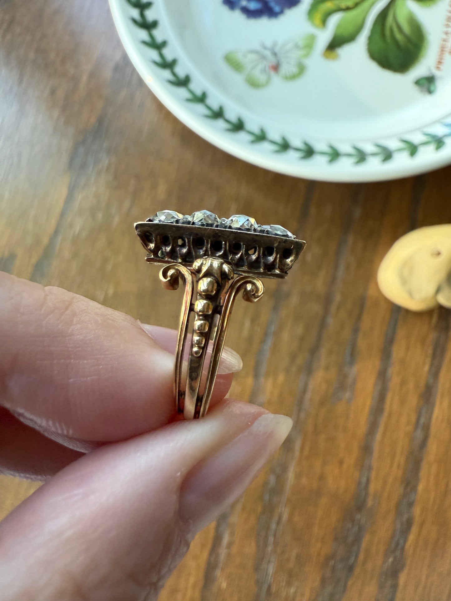 Georgian Era Antique 1 CARAT+ Rose Cut DIAMOND Disco Ball Grid Panel Lozenge Cluster Ring 18k Gold Silver Collets Stacker Gift Faces Up 2Ctw