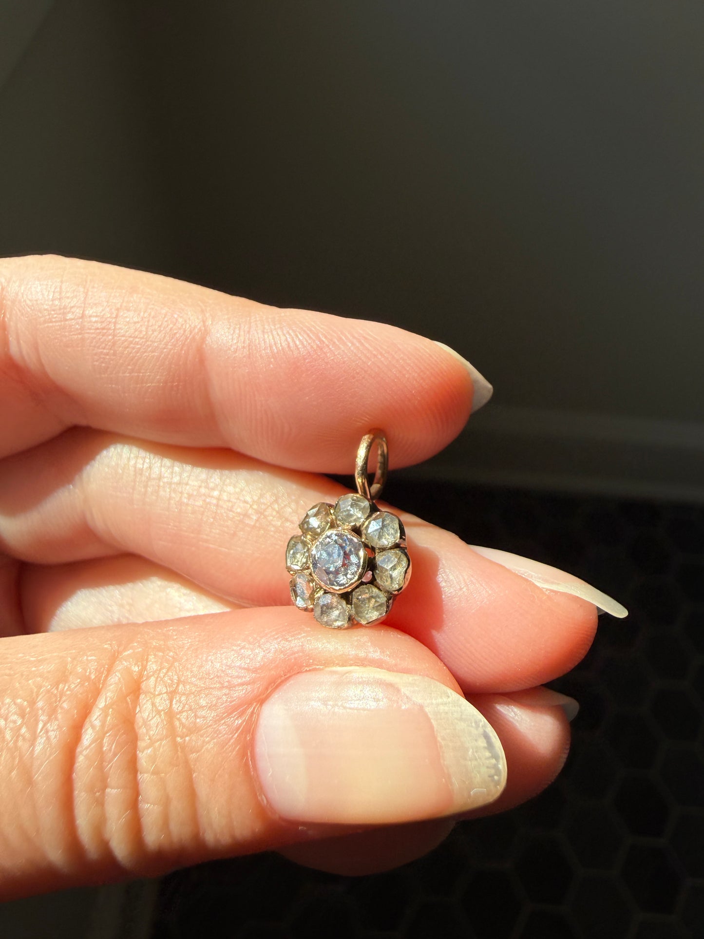 Daisy Cluster Pendant Old Mine Rose Cut DIAMOND Antique Victorian 18k Gold Pendant Necklace Bracelet Charm Floral