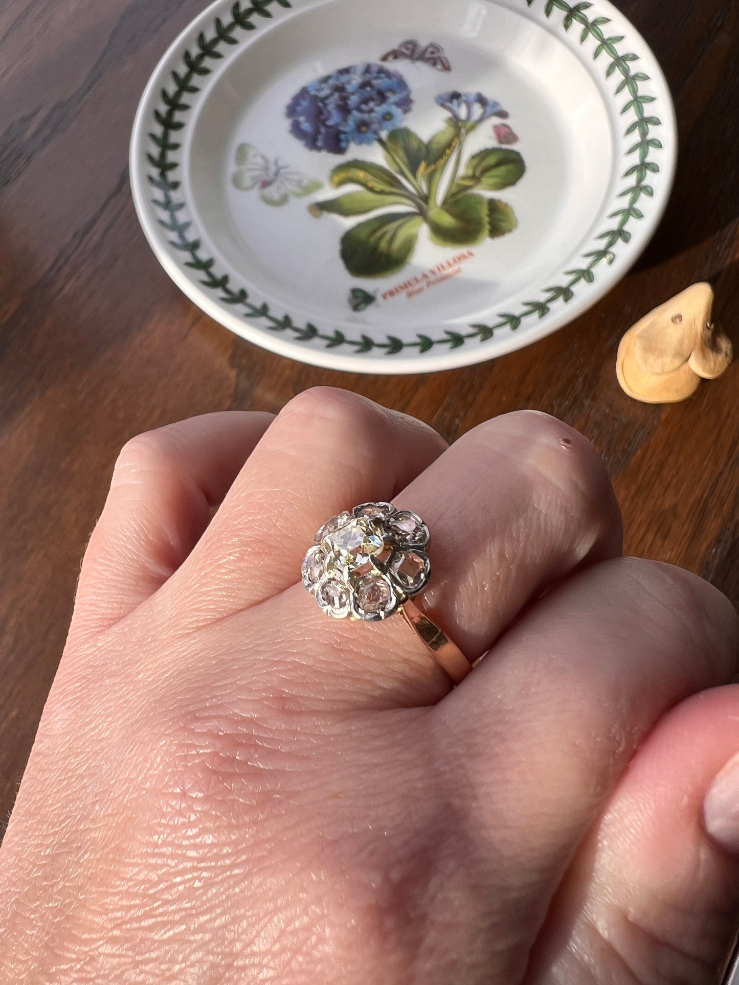 Antique Pale Yellow Center 1.75 Carat Rose Table Old Mine Cut DIAMOND Halo Cluster Ring 18k Gold