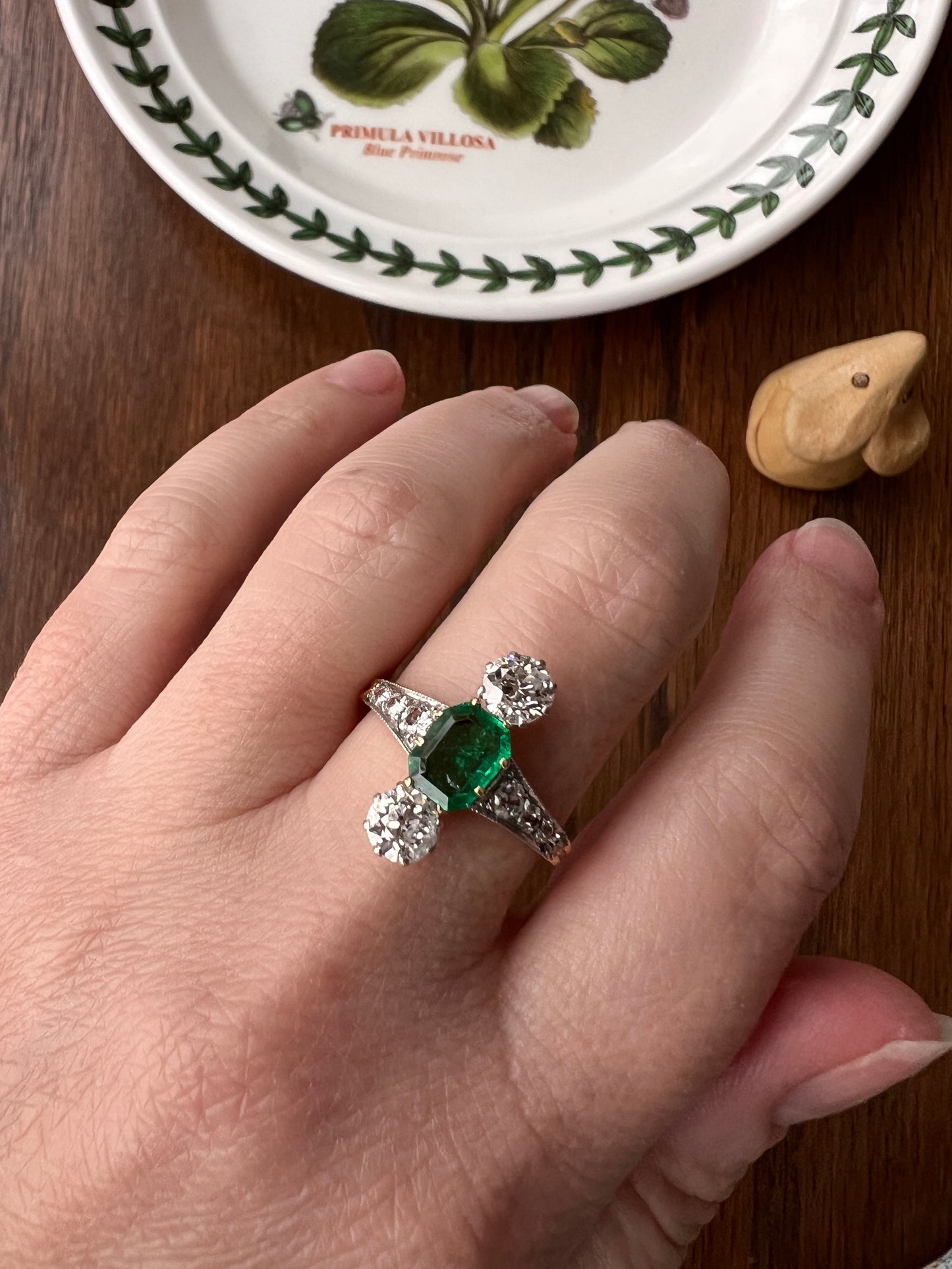 Antique Old Octagon Cut EMERALD 1.5 Carat Old Mine Cut Diamond Line Ring Edwardian Stacker Gift French 18k Gold Platinum Old Step Cut Octagonal