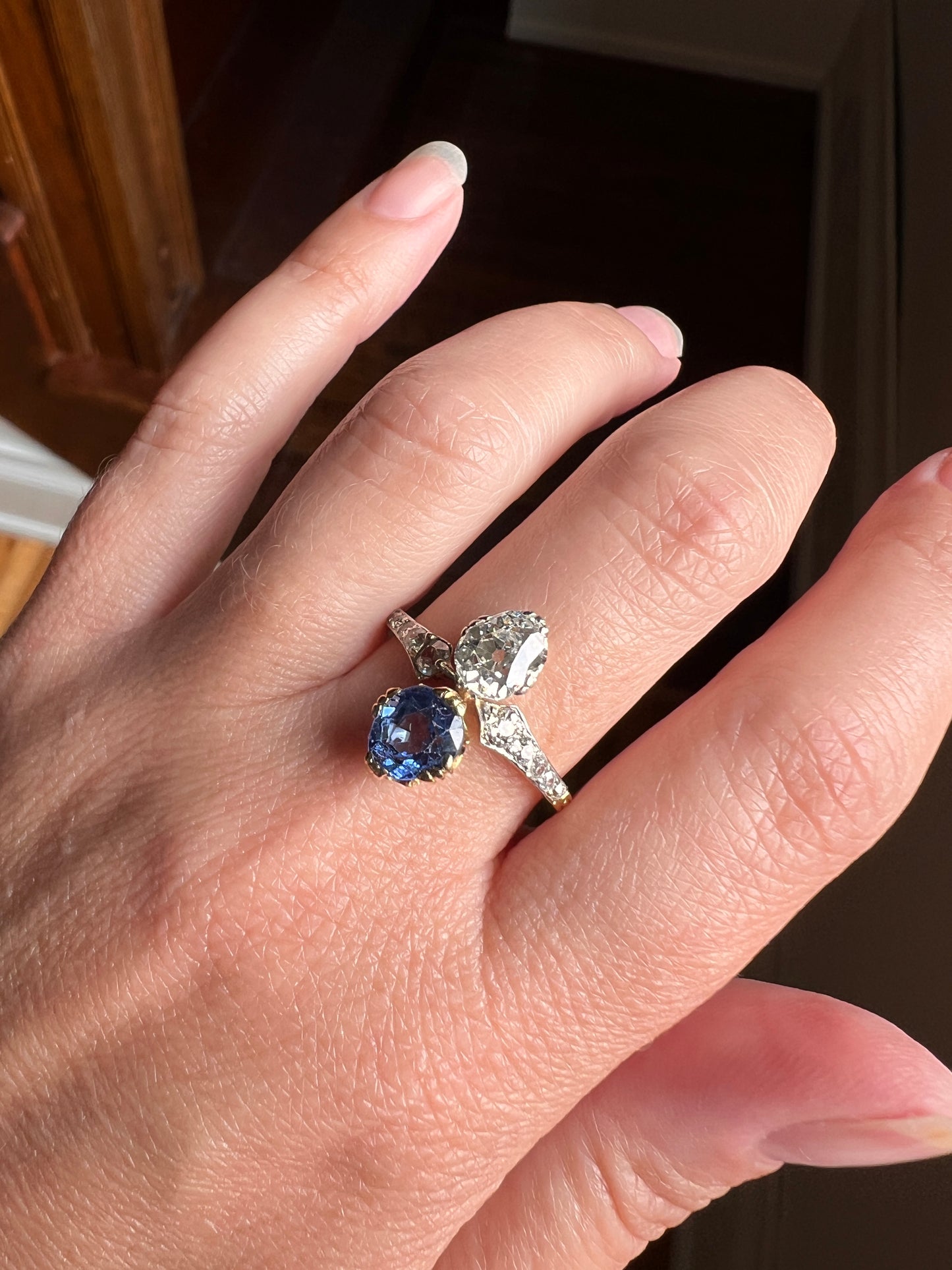 Antique No Heat PEAR Natural Ceylon SAPPHIRE Old Mine Cut DIAMOND Toi et Moi Ring 1 Carat Tdw French 18k Gold Platinum Ring