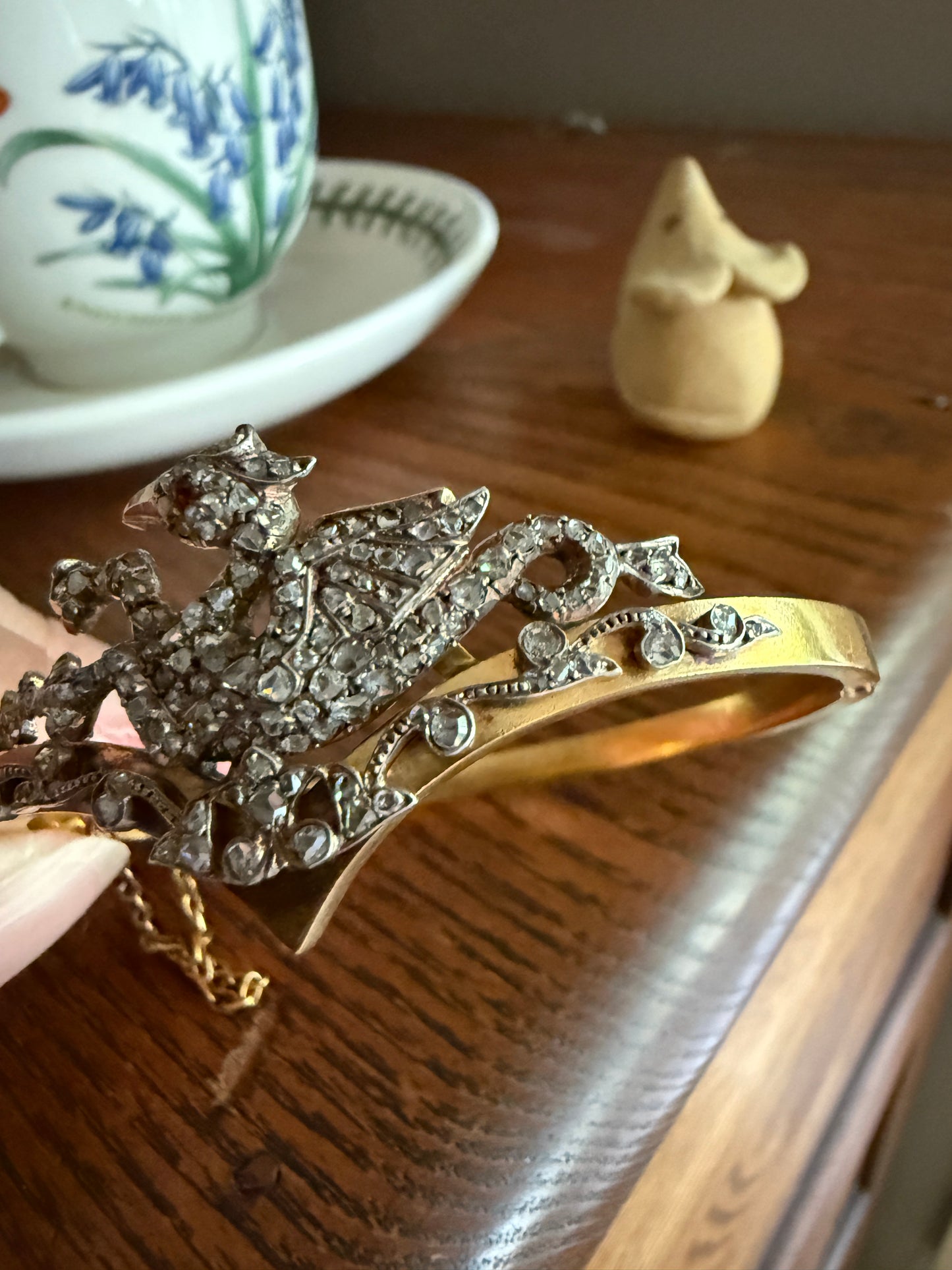 DRAGON Rare One of a Kind Antique Figural 130+ Rose Cut Diamond BANGLE Bracelet French Victorian 18k Gold Silver Chimera Phoenix