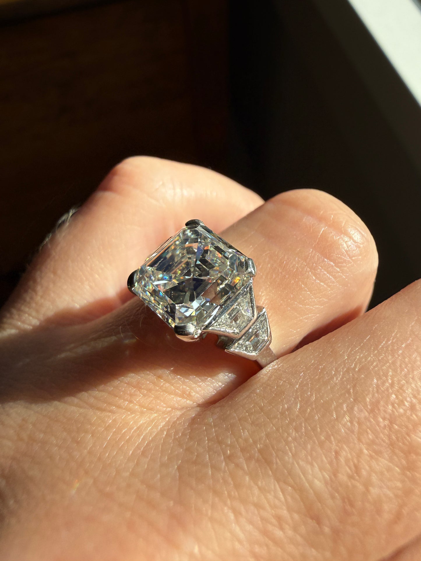 Exceptional 4 Carat Square Step Cut Diamond Solitaire Ring French PLATINUM w/ Trapezoid Accents Vintage to Art Deco 4.5Ctw Faces Eye CLEAN