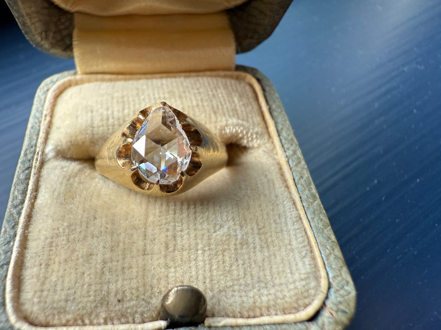Special PEAR Open Back Rose Cut DIAMOND Original Antique Solitiare 18k Gold Buttercup Belcher Glowing Setting